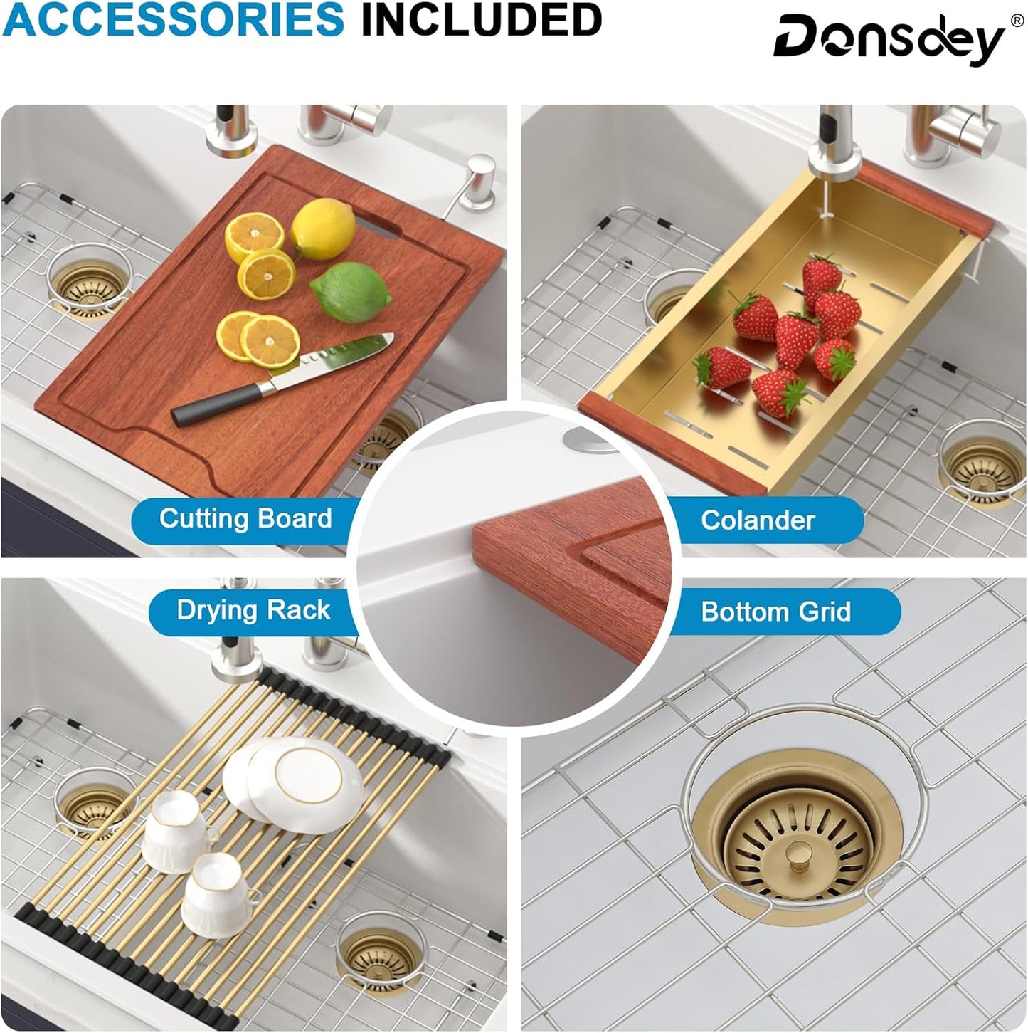 33 Inch Double Bowl White Kitchen Sinks 33x22 Granite Composite Dorp In 60/40 Basin with Luxury Accessories Quartz Workstation Sinks with Noise Reduction Durable and Hard Gold Accessoris Sink