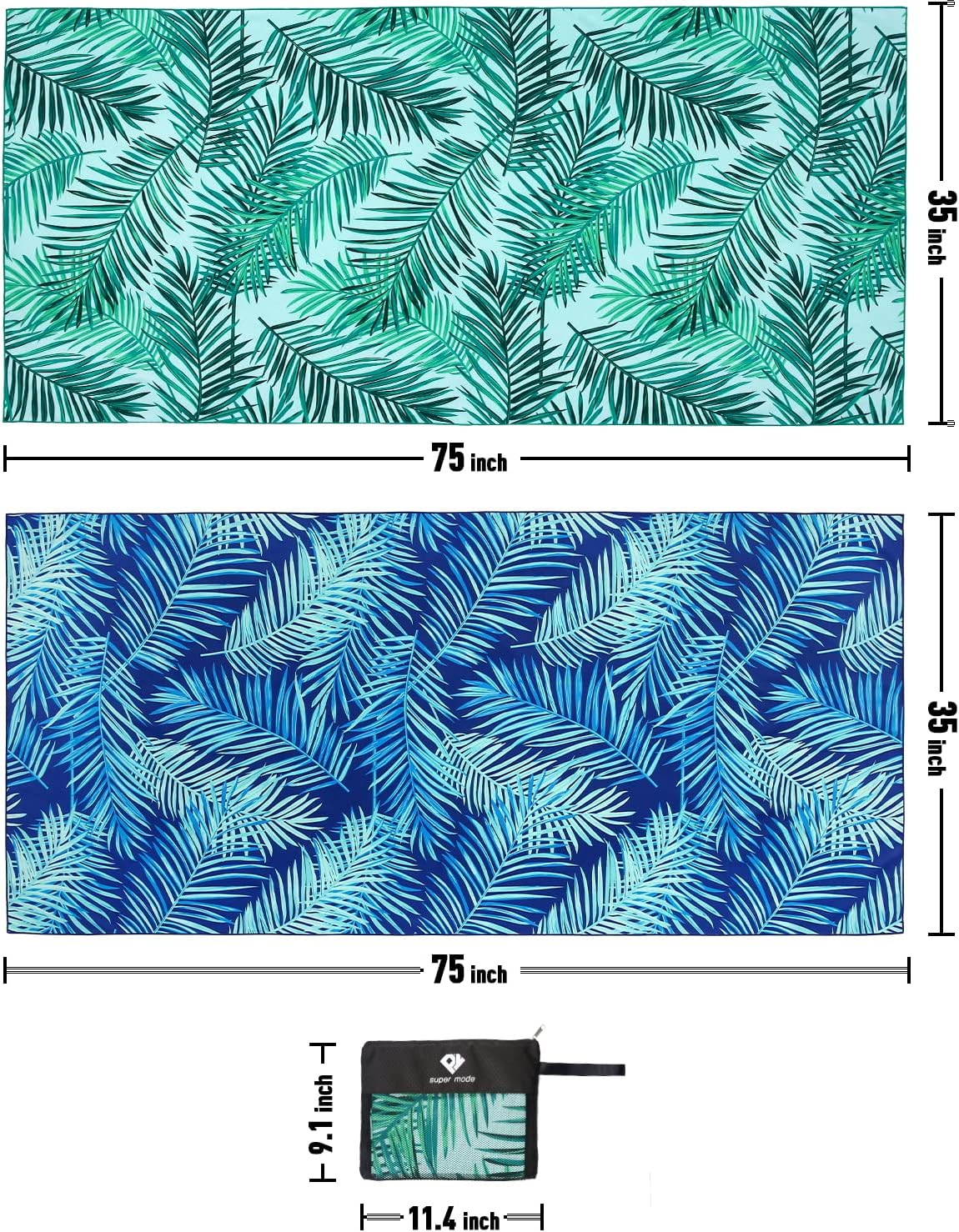 2 Pack Microfiber Beach Towel, Oversized Pool Towel 75”x 35”, Sand-Free Quick Drying Camping Super Absorbent Bath Blanket, Soft Breathable and Lightweight