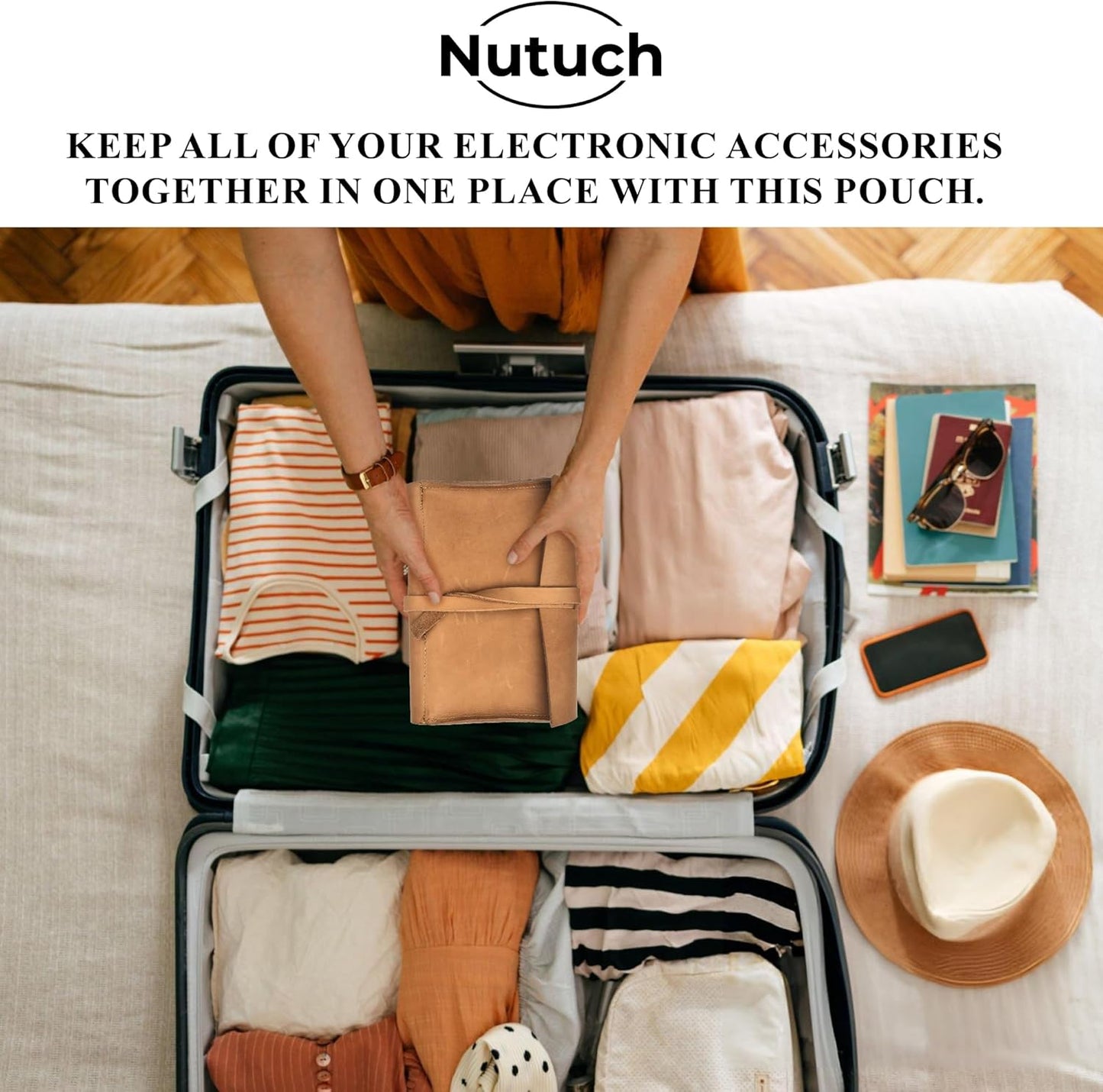 Leather Tech Pouch for Cables Chargers Phone | Tech Bag | Zipper Travel Accessory Pouch | Electronic Organizer Case Travel Bag (Tan)