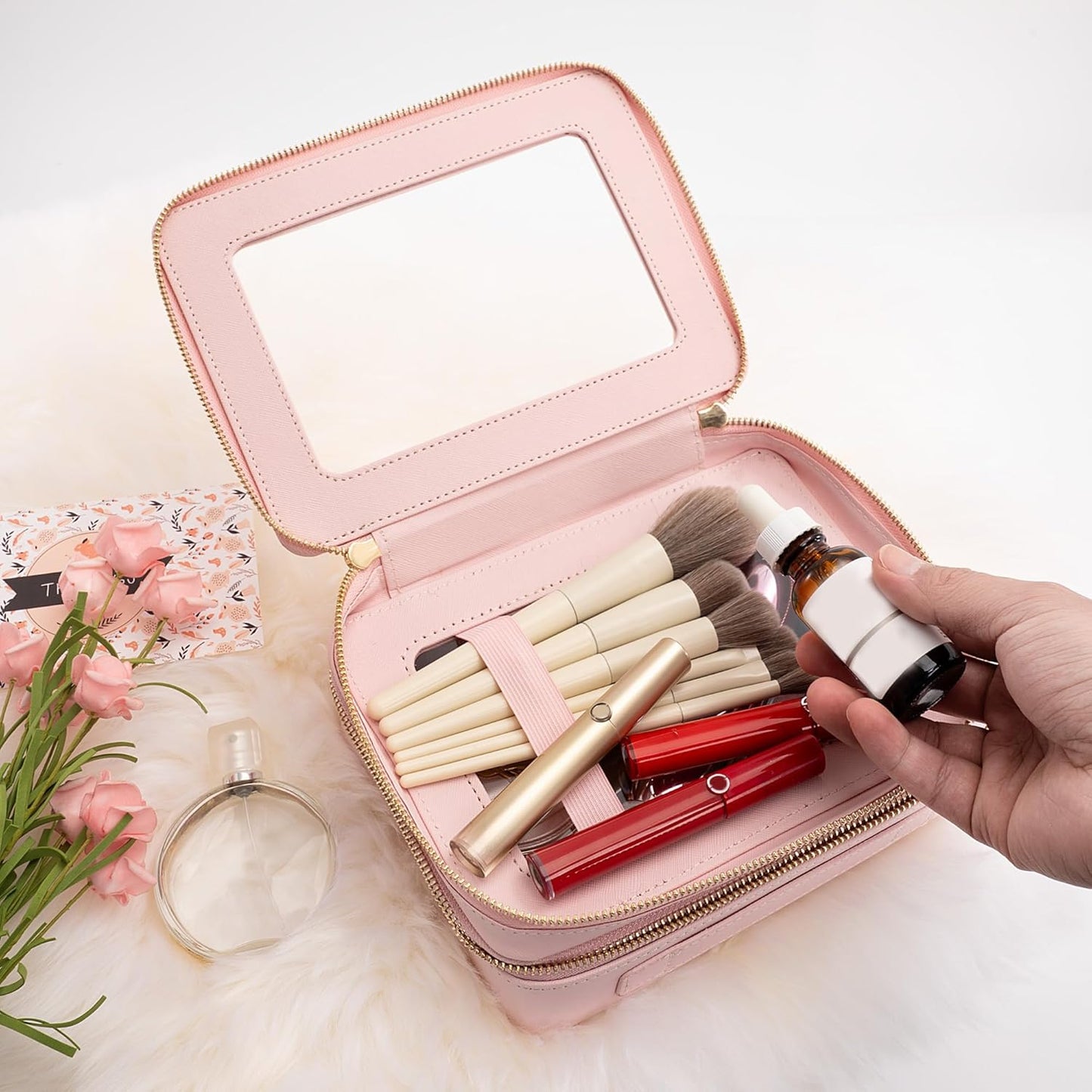 Aveniee XL Clear Makeup Organizer,Double Layer Travel Cosmetic Case with Brush Holder & Zippered Compartments, Large Toiletry Bag Train Case for Women.2 Layers, Pink