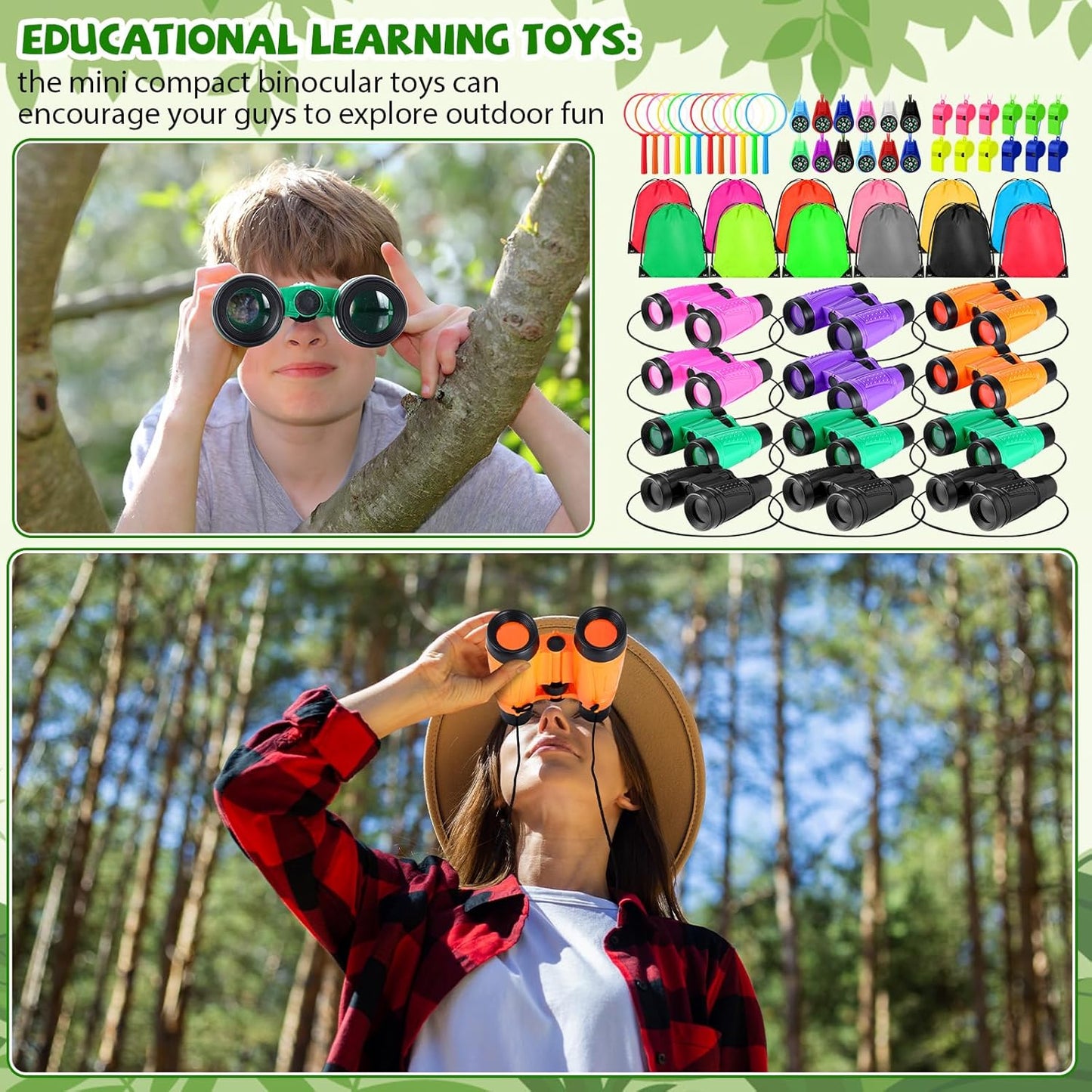 12 Set Binocular Compass Magnifying Glass Set Christmas Birthday Gift Small Telescope Binocular with Whistle Bag for Outdoor Exploring Stocking Stuffer(Stylish Color,Classic)