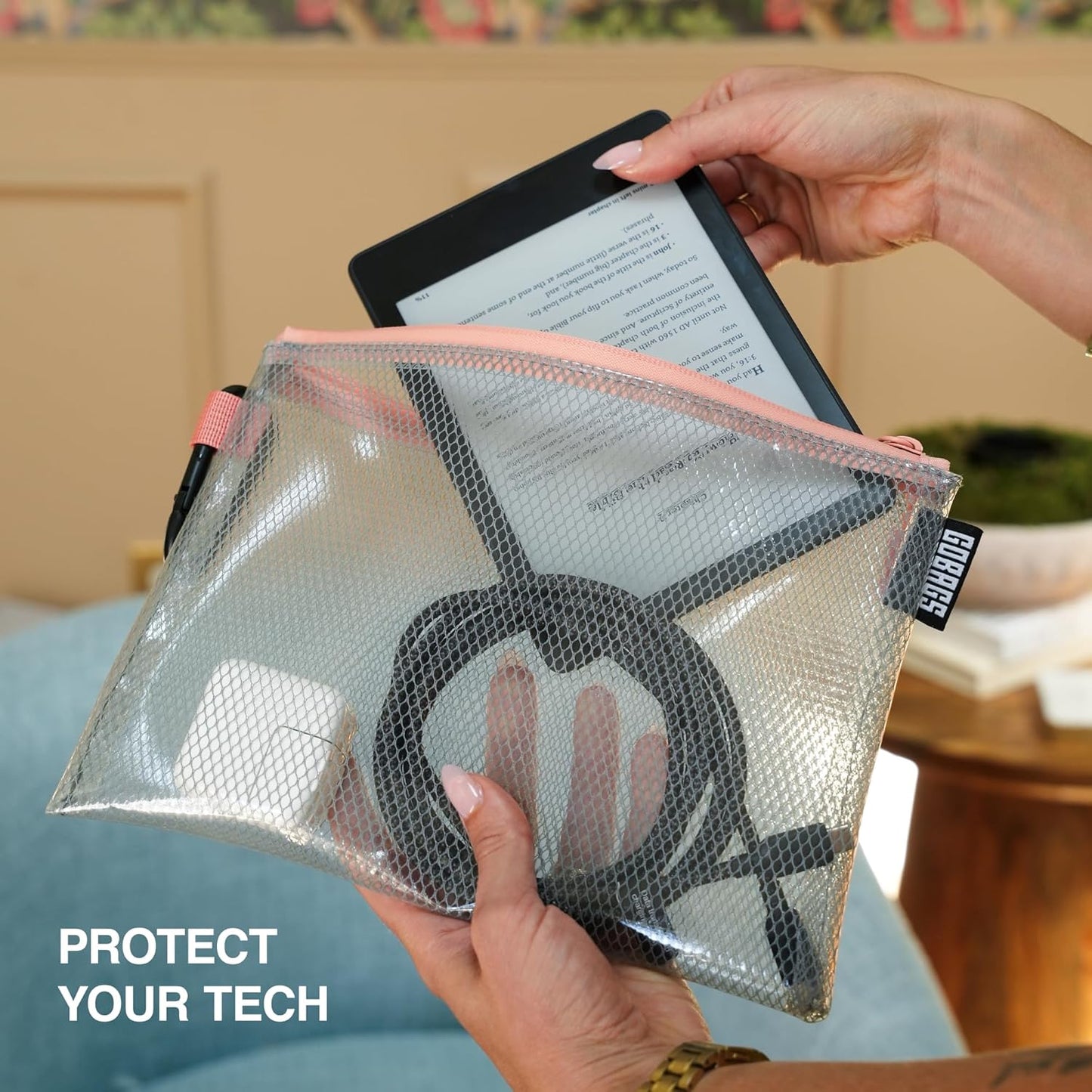 GOBAGS Air Production Multi‑Size Clear Zipper Pouch (4‑Pack) – Cable Organizer & Travel Gear Bag for Electronics, Camera Accessories, Tool Pouch & Small Tech Storage (Pink)