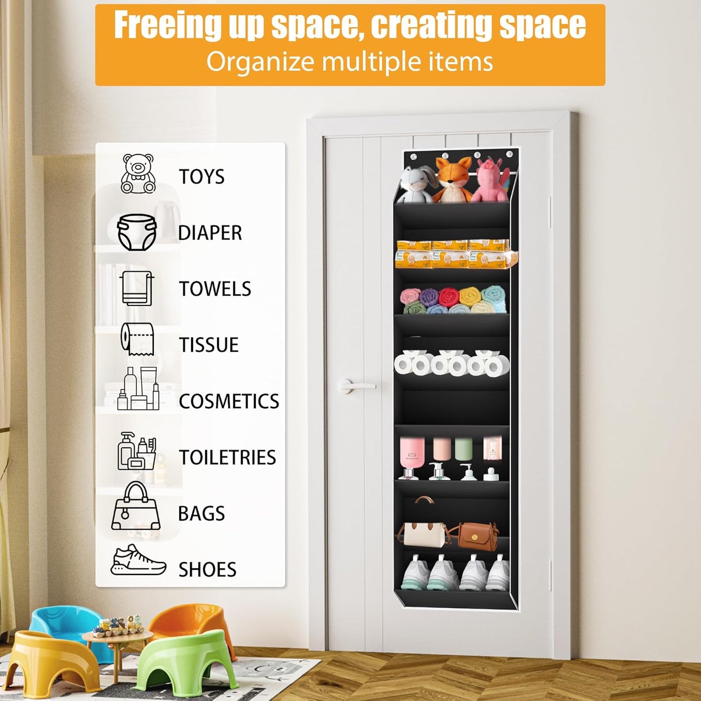 Over The Door Shoe Organizer Storage Fit 16-24 Pairs Hanging Shoe Rack Organiser for Closet Door, Deep Pocket Shoe Holder for Sneakers,Boots Storage(1 Pack Black)