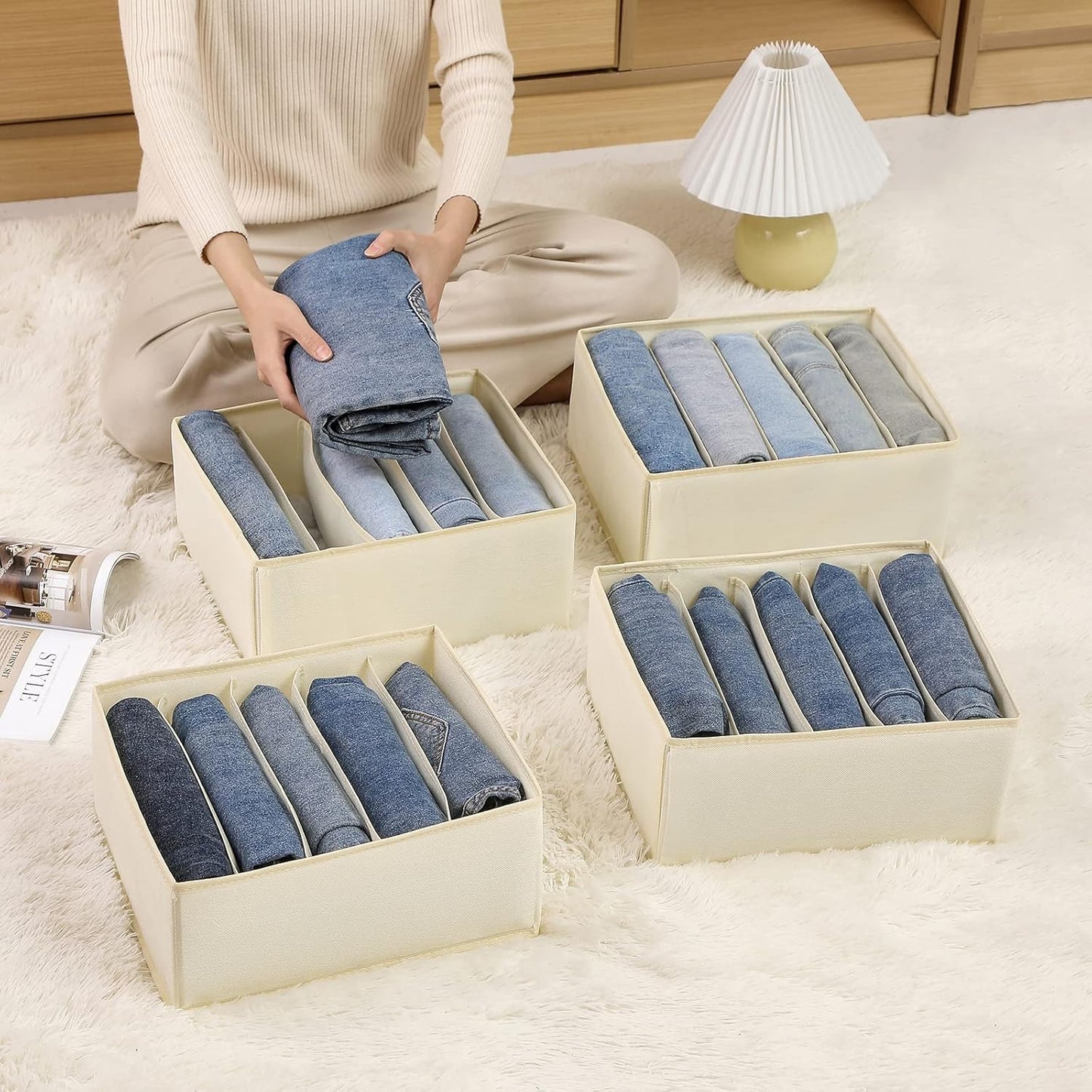 Jeans Drawer Organizers for Clothing, 5 Compartment Wardrobe Storage Box, Washable Clothes Organizer for Folded Clothes, Jeans, Pants, Leggings, t-shirts(Beige)
