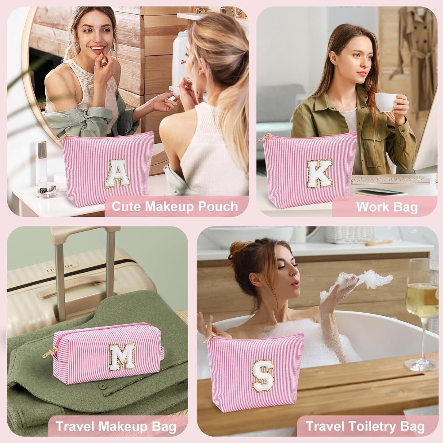 YOOLIFE Cute Pink Initial Make Up Bag Travelling, Personalized Makeup Bag with Zipper Cosmetic Makeup Pouch Travel Accessories Birthday Gift Friends Female Mom Teacher Sweet 16 Gifts Daughter Gifts W