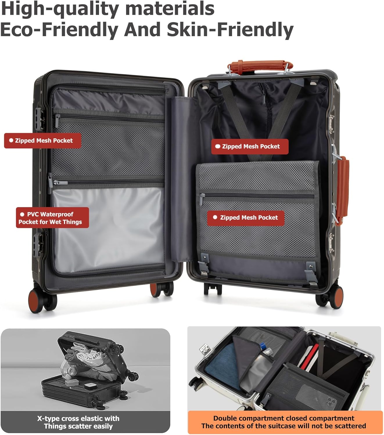 feilario 20'' Aluminum Frame Wide Handle PC Hardside Carry On Luggage - Double Spinner Wheels Luxury Rolling Travel Suitcase with TSA Lock & Cup Holder