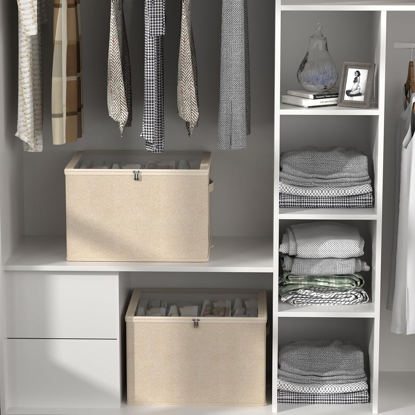 Shoe Organizer for Closet, 2 Pack Sturdy Shoe Storage Bins with Clear Cover, Fits 16-32 Pairs, Foldable Shoe Storage Box with Reinforced Handles (Beige, 19.7 * 15.7 * 12.6in)