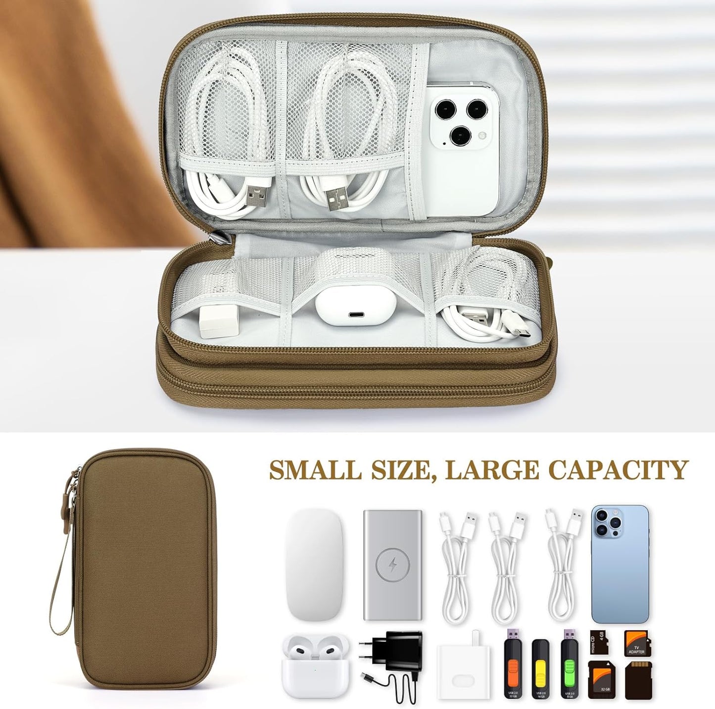 FYY Electronic Organizer, Travel Cable Organizer Bag Pouch Electronic Accessories Carry Case Portable Waterproof Double Layers Storage Bag for Cable, Charger, Phone, Earphone, Medium Size- Brown