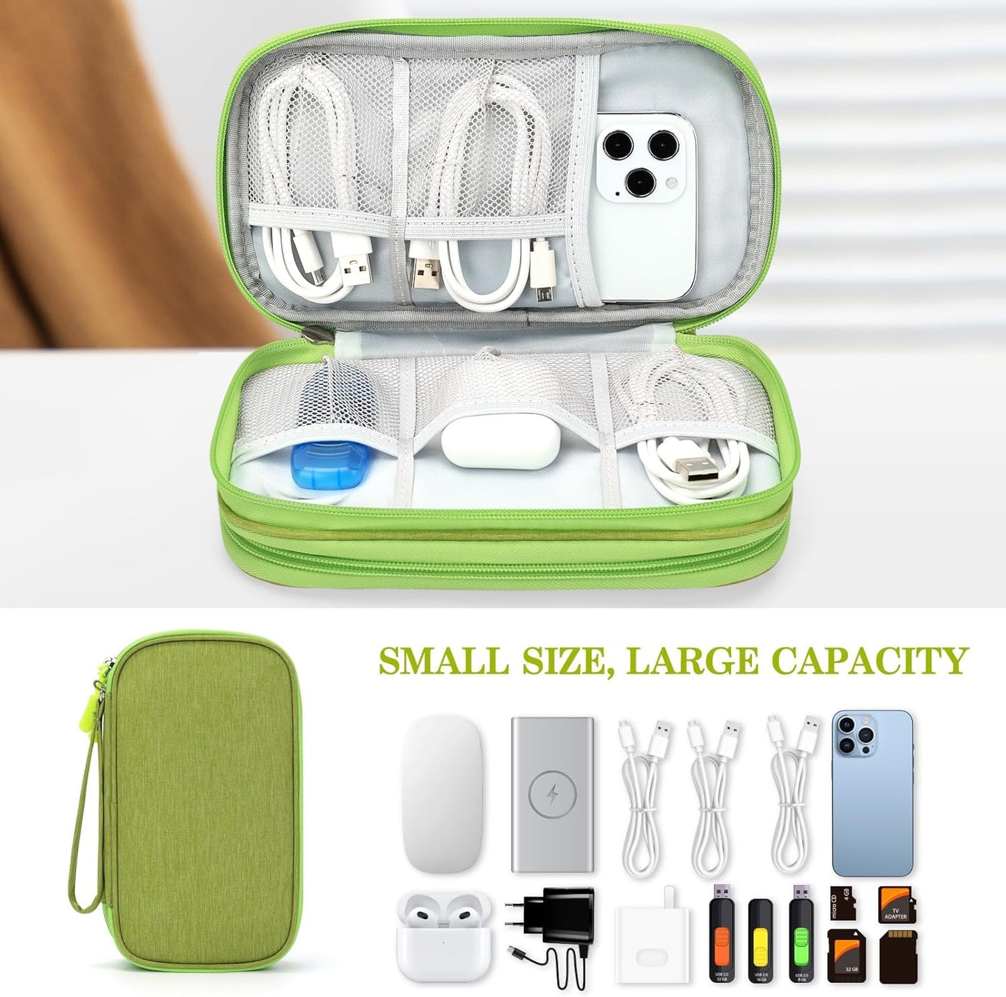 FYY Electronic Organizer, Travel Cable Organizer Bag Pouch Electronic Accessories Carry Case Portable Waterproof Double Layers Storage Bag for Cable, Cord, Charger, Phone, Earphone, Large Size, Green