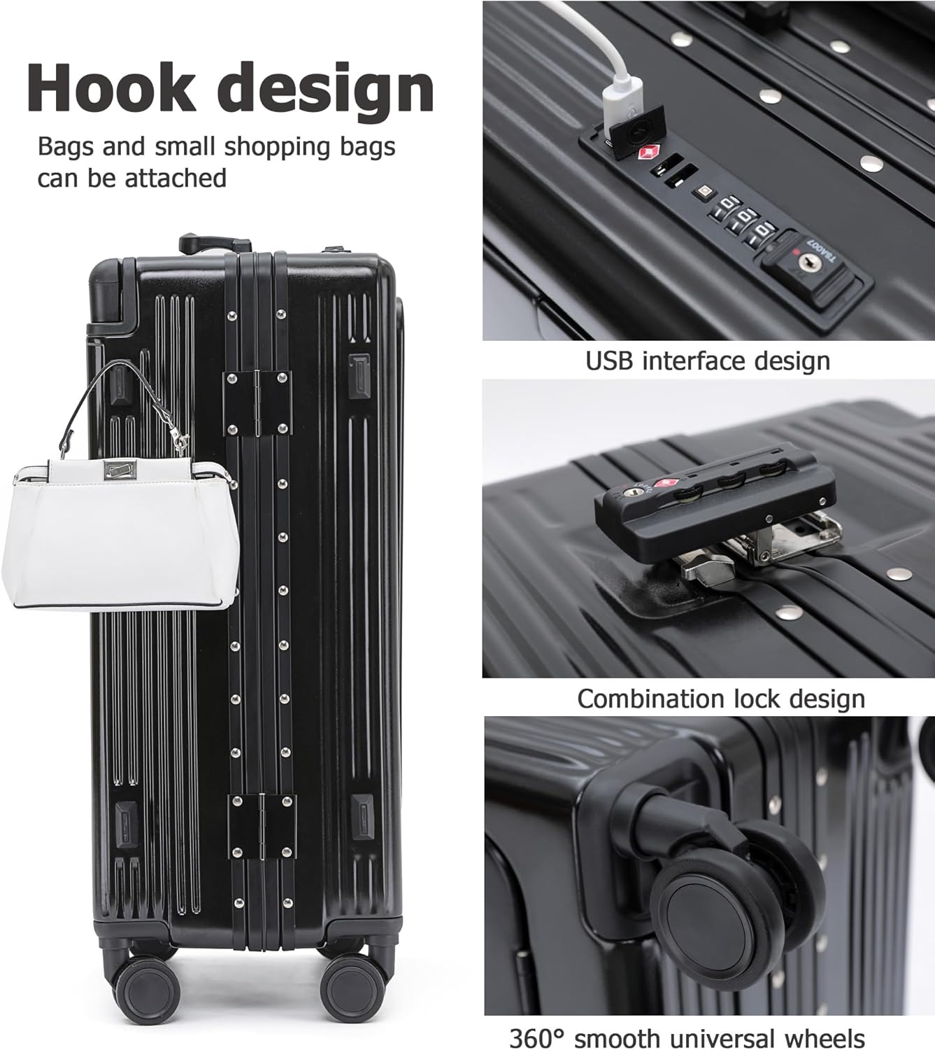 feilario 20" Aluminium Frame Hardside PC Carry on Luggage - Wide Handle Double Spinner Wheels Suitcase with TSA lock