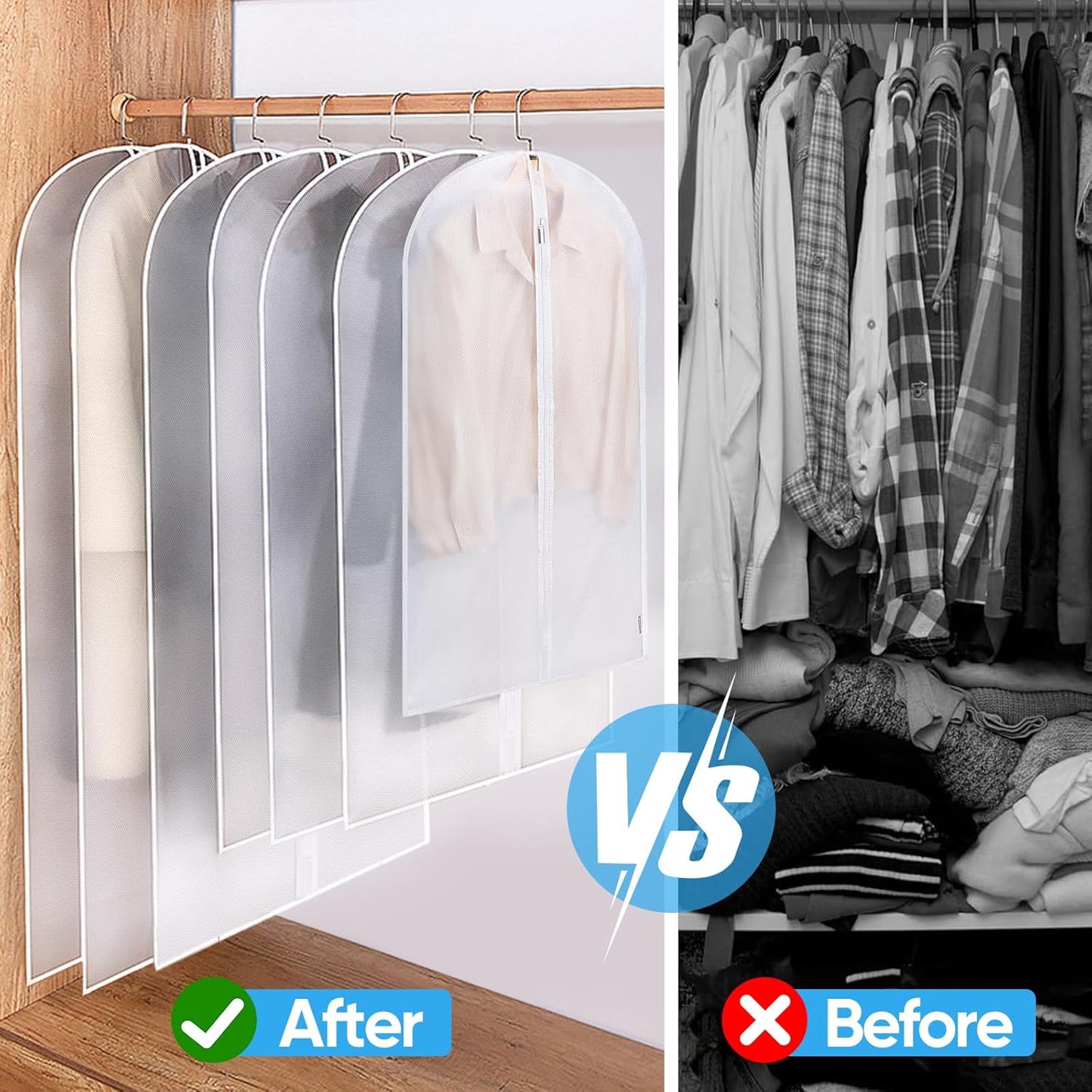 BALEINE 60'' Translucent Garment Bags, 2 Packs PEVA Dress Bag for Closet Clothes Dresses Suit Coats Storage (White, 2PK)