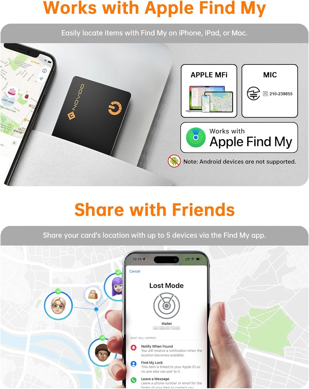NOVOO Air Locator Tag (iOS Only) Wallet Tracker Card with Find My, Smart Card Bluetooth Tracker, 6 Years Battery, IP68 Waterproof, 1.6mm Keys Finder and Item Locator for Keys, Bags, Passport(2 Pack)