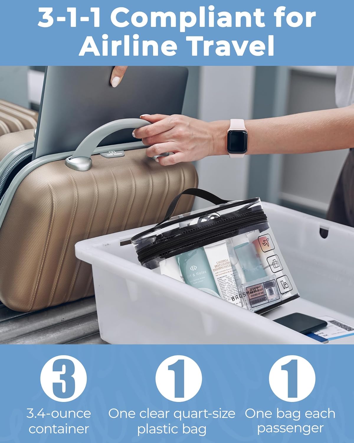 BAGSMART TSA Approved Toiletry Bag, 2 Pack Clear Makeup Cosmetic Bag Organizer, Quart Size Travel Bag for Toiletries, Carry-on Travel Accessories Essentials, White-2pcs