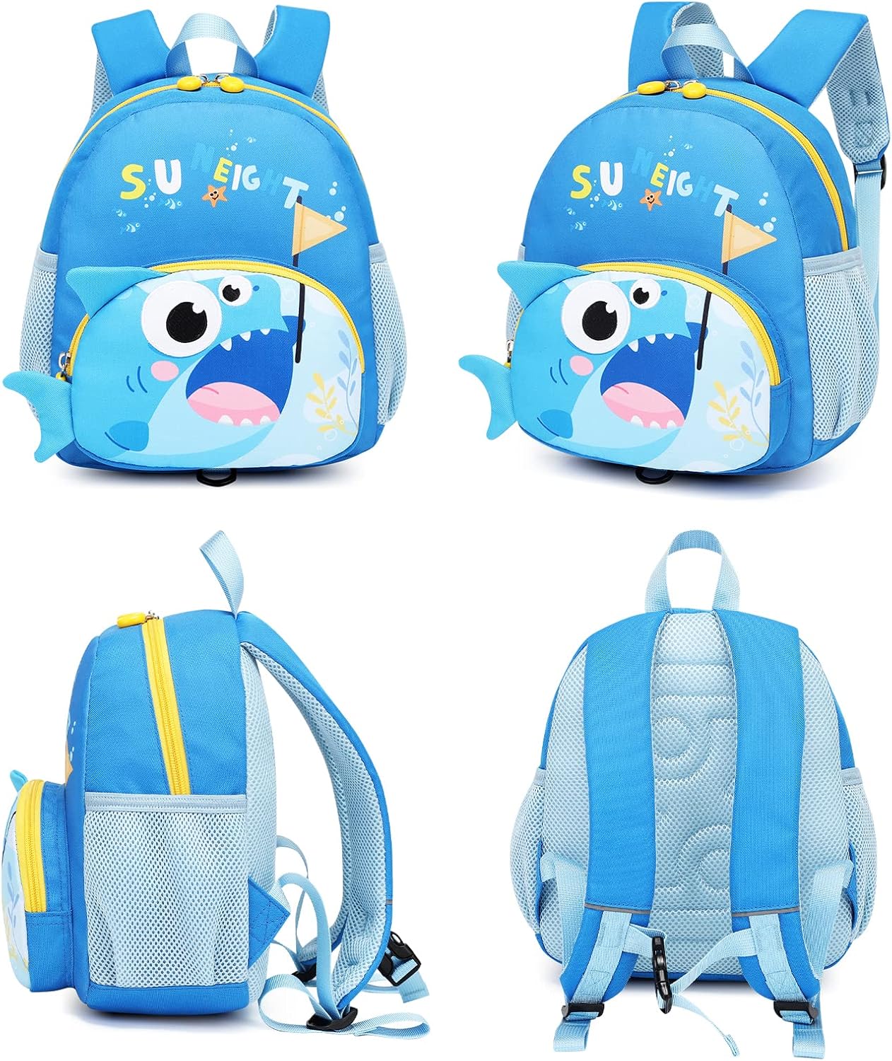 SUN EIGHT Toddler Backpack for Boys 2-4 Small Cute Dinosaur Backpack with Kids Leash,3D Cartoon Preschool Kindergarten Bookbag for Pre-k (Shark)