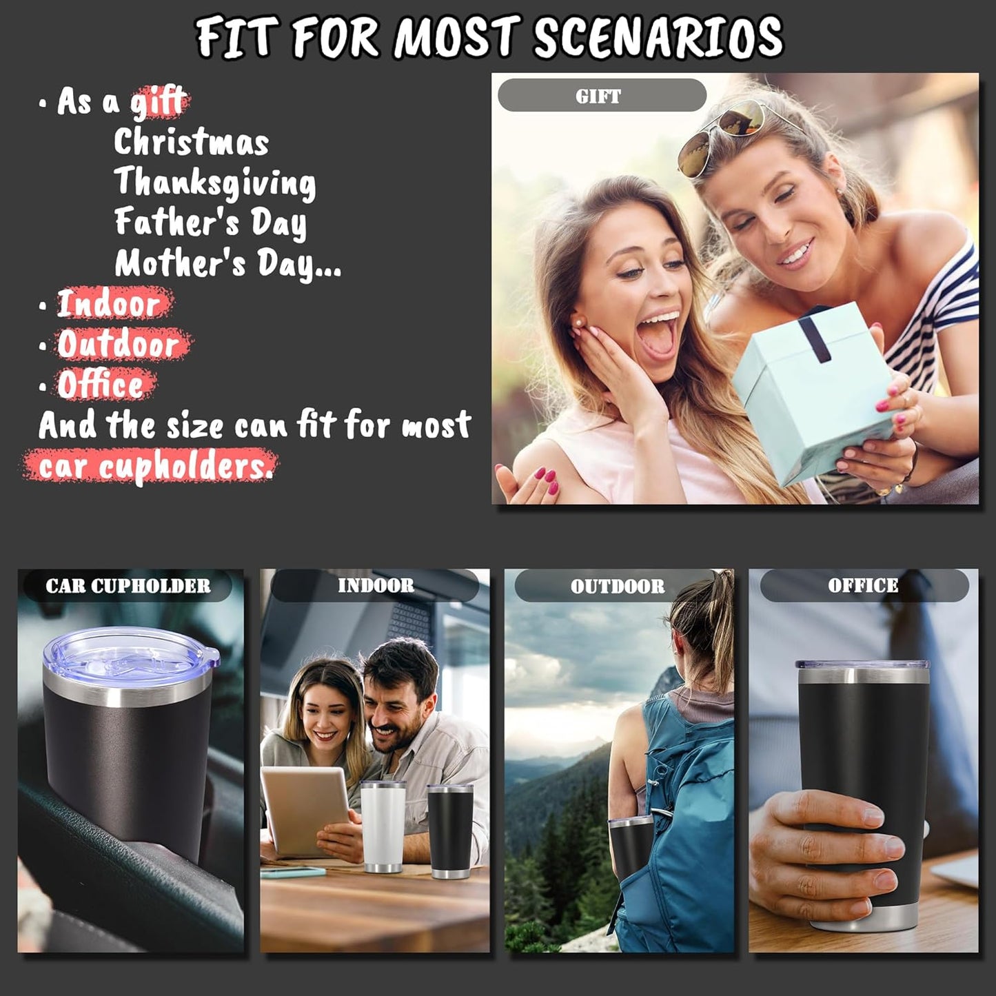 20 oz Tumbler with lid Double Wall Vacuum Insulated Tumblers Stainless Steel Coffee Mug Travel Coffee Tumbler Powder Coated Tumbler Cup Keep Hot&Cold - (Black 12 Pack)