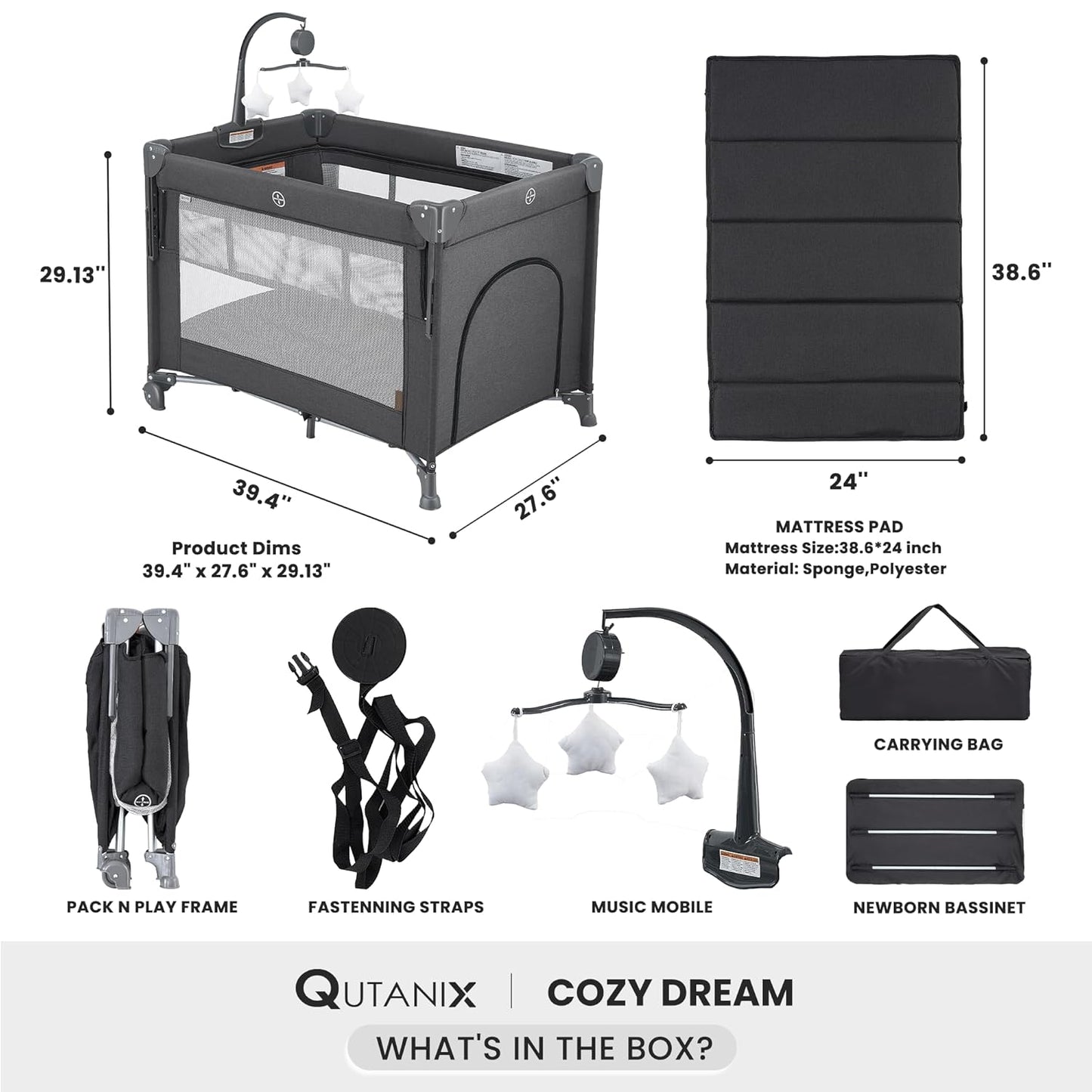 2-in-1 Pack and Play with Mattress,Baby Bassinet Bedside Sleeper, Bedside Bassinet & Baby Playpen, Easy Folding Portable Crib for Newborn to Toddlers (Dark Grey)