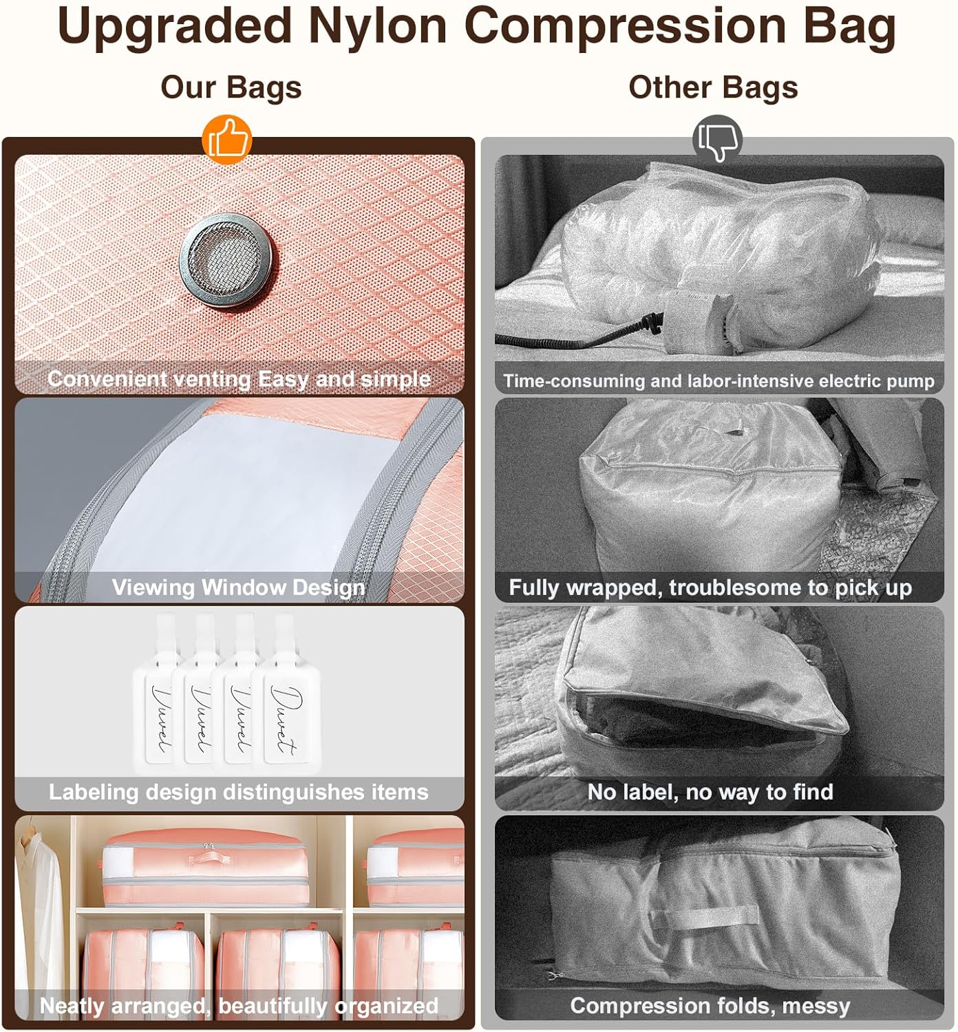 4 Pack Compression Storage Bags - 110L Large Capacity Comforter Storage Bag, 3-Layer Washable Ultra Space Saving Self Compression Organizer Space Bags for Blankets, Sweaters, Sheets, Pink