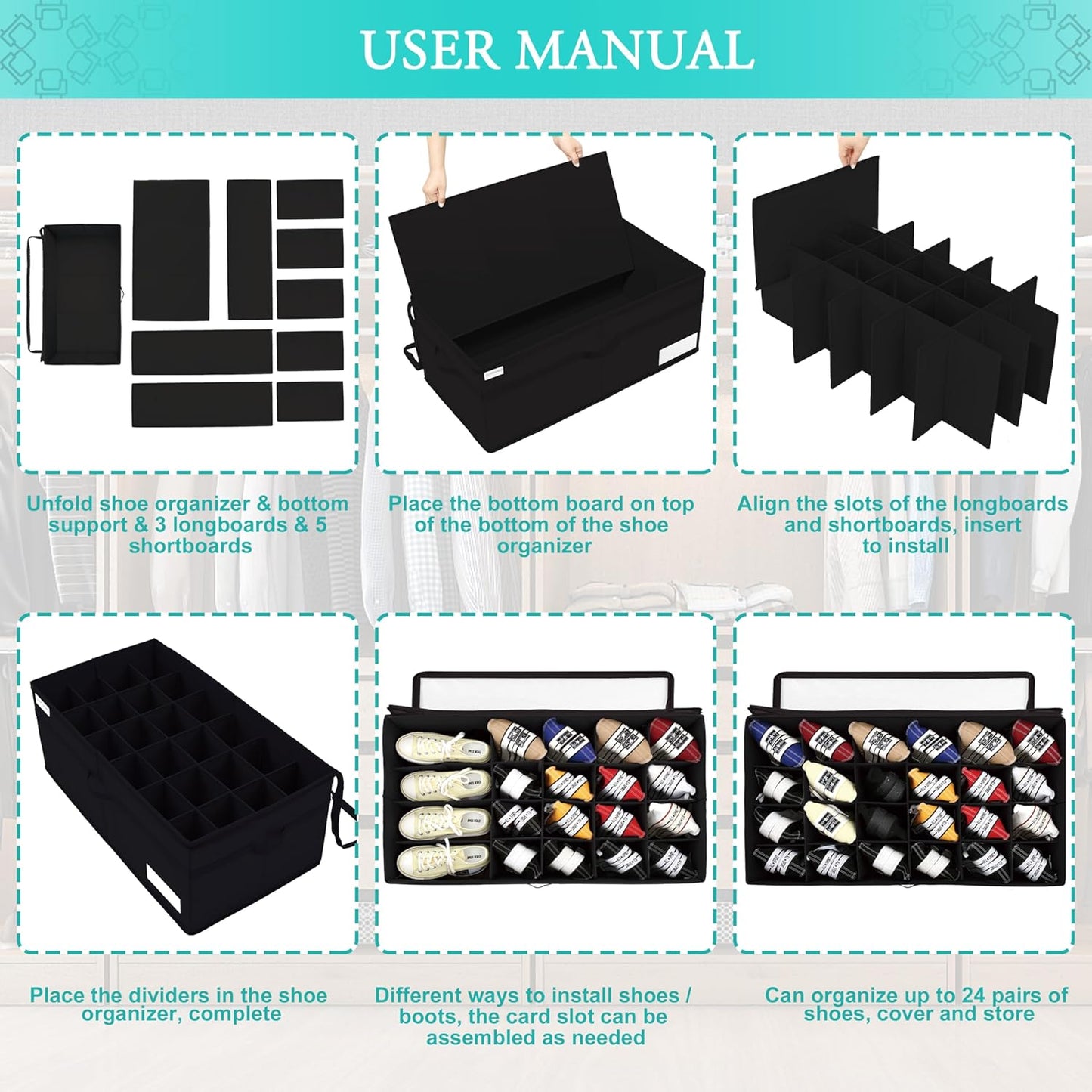 Luvhomee Shoe Storage Organizer, Fits 24 Pairs, Large Shoe Organizer Box for Closet, Clear Foldable Shoes Containers w/Bottom Support, Space Saving Shoe Cubby Storage Boxes w/Reinforced Handles, Black