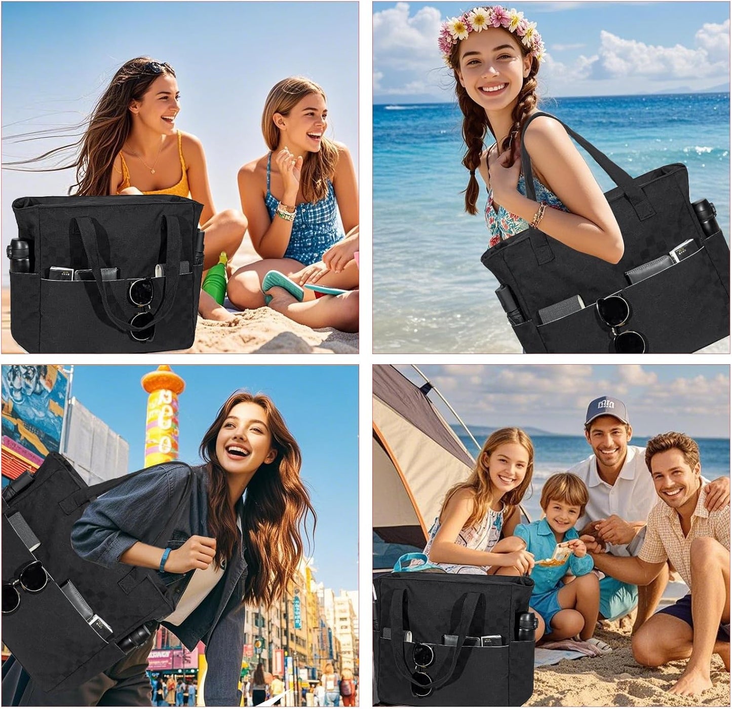 LEDAOU Beach Bag Waterproof Sandproof Women Tote Bag Pool Bag with Zipper for Gym Grocery Travel with Wet Pocket