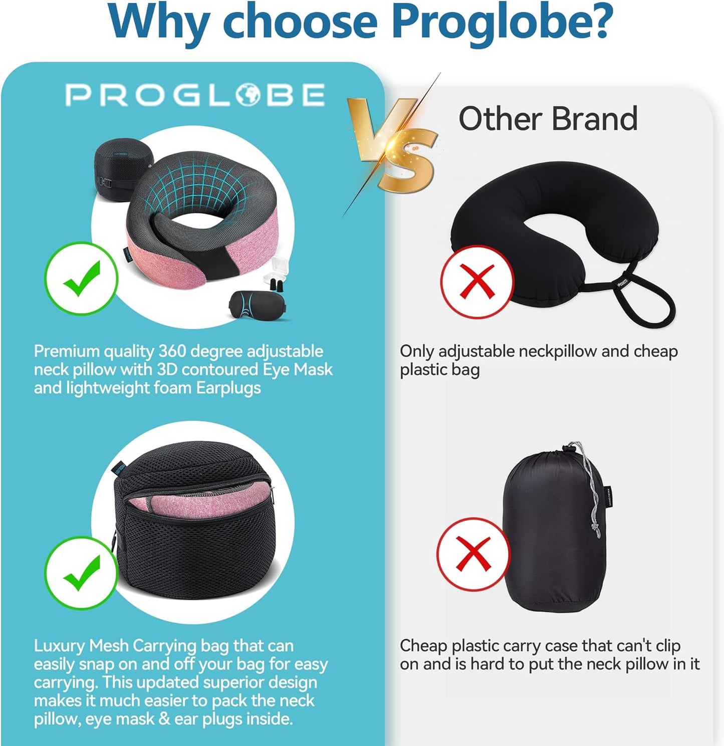 Pink Airplane Travel Pillow Set, 100% Pure Memory Foam Neck Pillow, Updated Material, Long Flight Travel Kit with 3D Contoured Eye Masks, Earplugs, and Luxury Bag