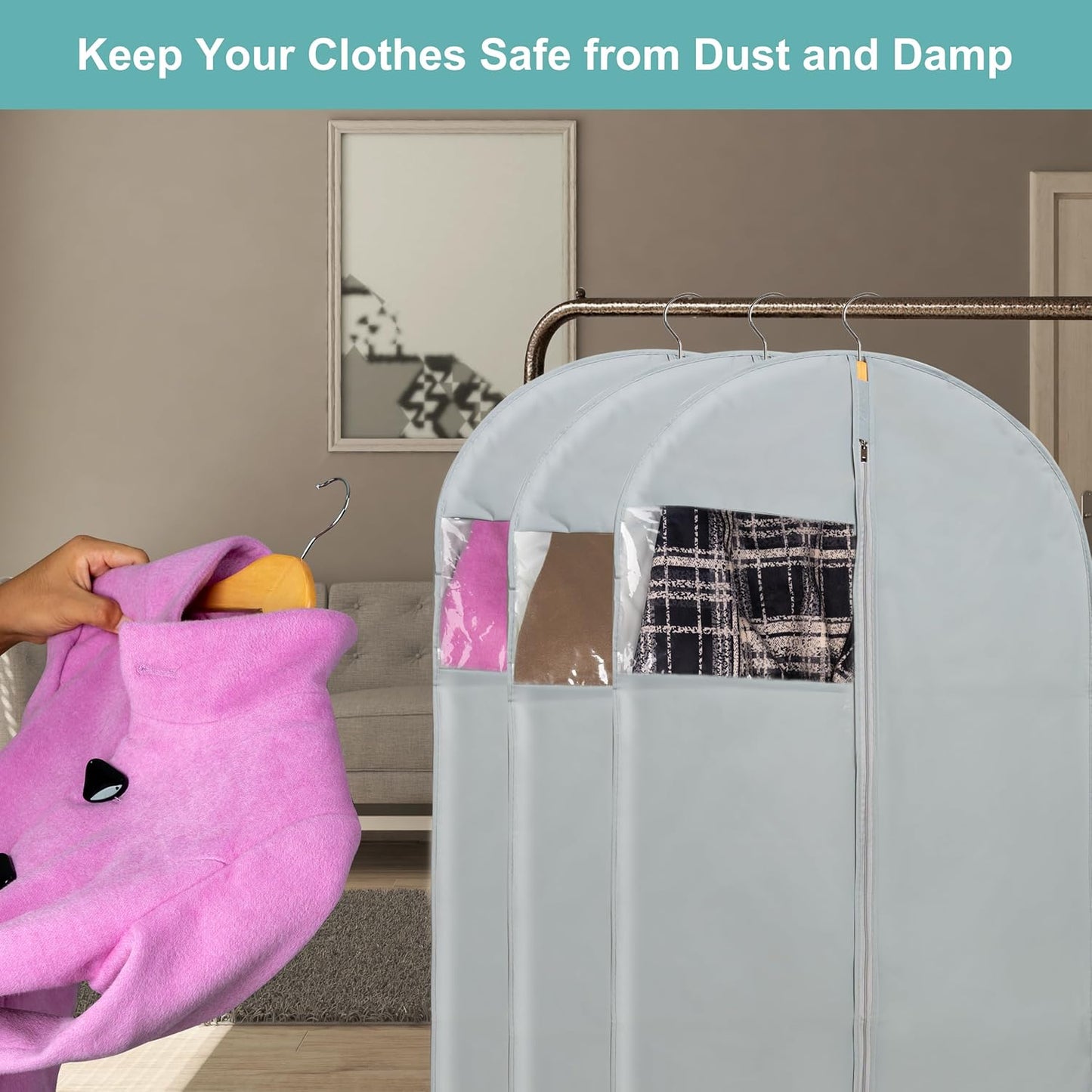 Dress Bags for Gowns Long, 65" Long Dress Bags for Hanging Clothes Clear Windows Foldable Long Garment Bag for Storage and Travel-24"x 65"/2 Pack