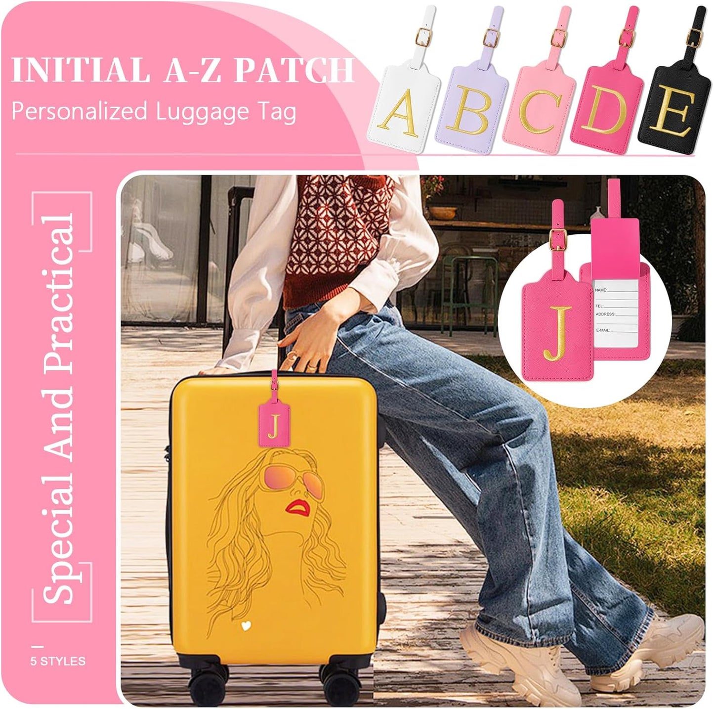 Personalized Initial Cute Luggage Tags - Rose Red Leather with Privacy Cover, Embroidered Custom Monogram for Women Kids