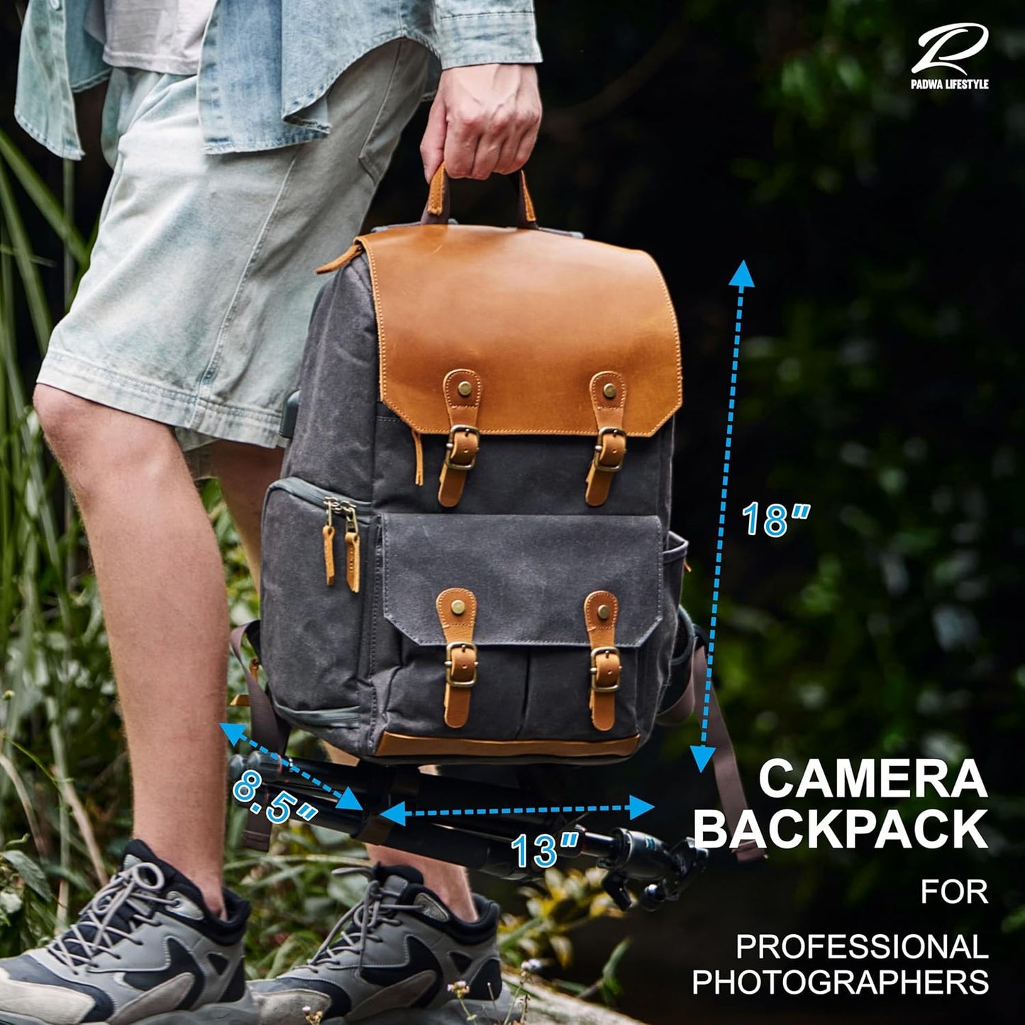 Padwa Lifestyle Black Gray Camera Backpack - Weather Resistant Waxed Memory Canvas Camera Backpacks for Photographers,Multi DSLR SLR Camera Bag with 16β Laptop & Lens Compartment and Tripod Holder