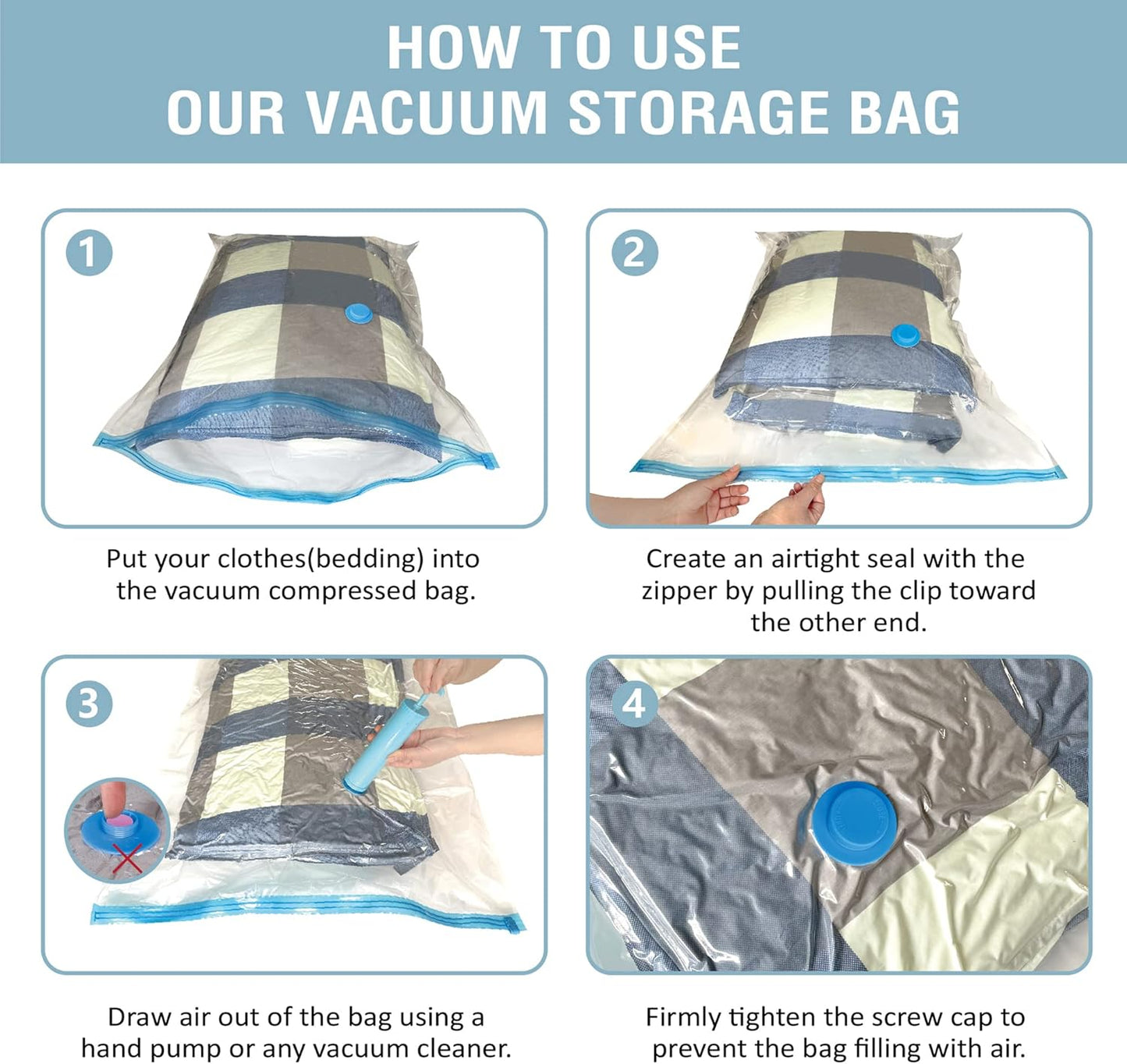 8 Pack Vacuum Storage Bags, Space Saver Bags (2 Jumbo/2 Large/2 Medium/2 Small) Compression Storage Bags for Comforters and Blankets, Vacuum Sealer Bags for Clothes Storage, Hand Pump Included