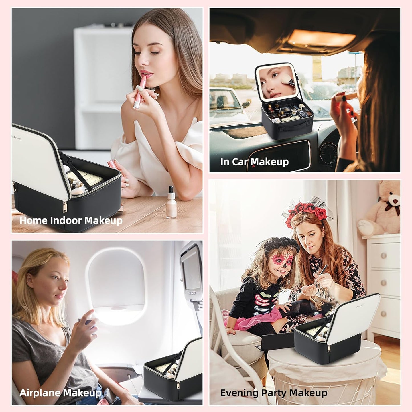 Travel Makeup Bag with LED Mirror – Waterproof Cosmetic Train Case with Adjustable Dividers, Portable Makeup Organizer and Toiletry Bag for Women, Teens & Girls Gift, White