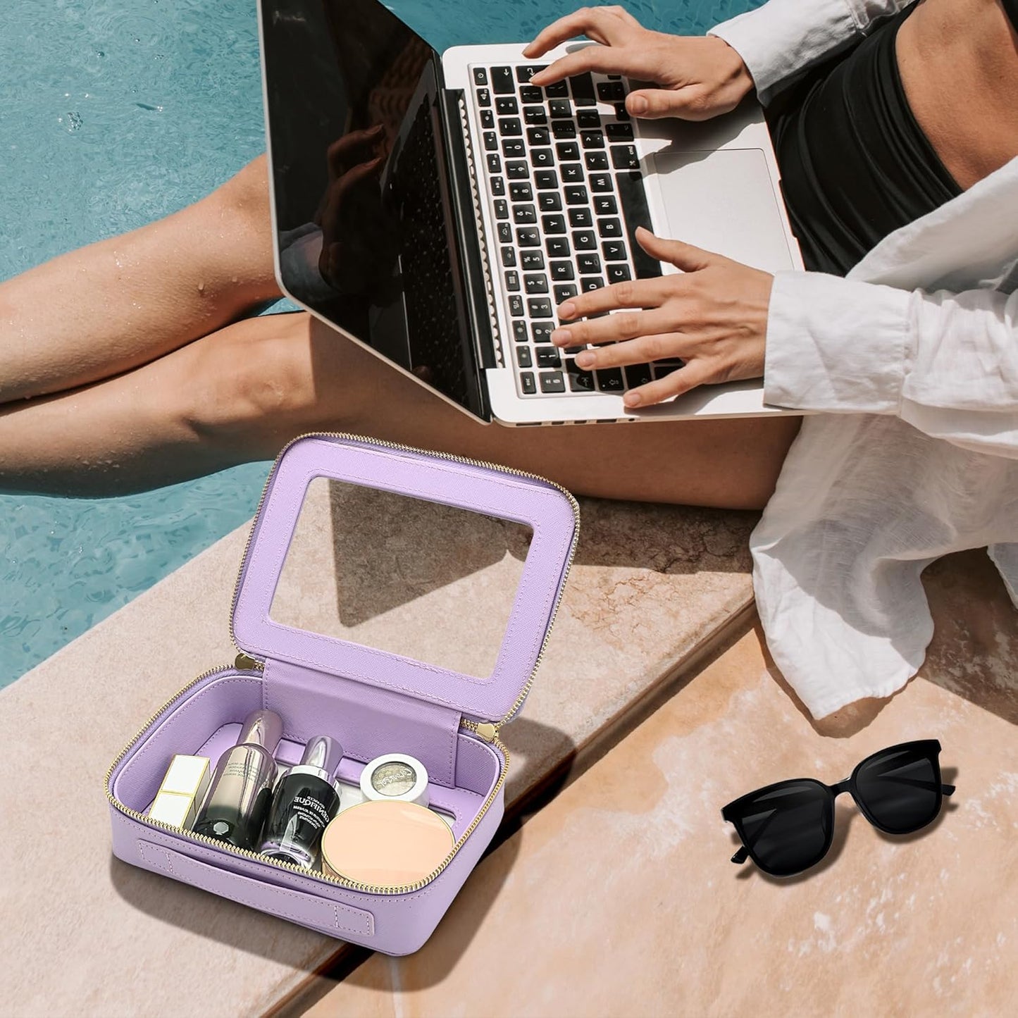 Aveniee Clear Makeup Bag Organizer, Travel Toiletry Bag Cosmetic Case for Women, Portable Make Up Skincare Pouch Car Organizer Bag with Zippers for Essentials,Lilac