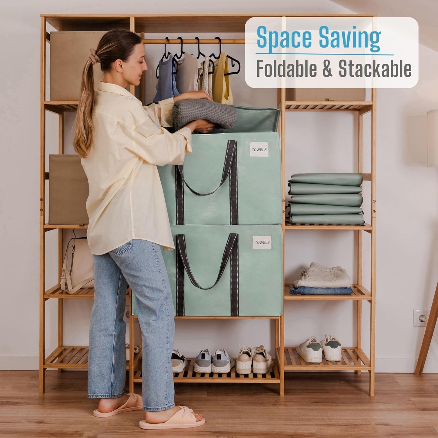 VENO 10 Pack Moving Bags, Heavy Duty, Moving Boxes Alternative, Packing Storage Supplies for Dorm Room Essentials with Zipper for Clothes, Extra Large Totes for Packaging (Shiny Light Green, 10 Pack)