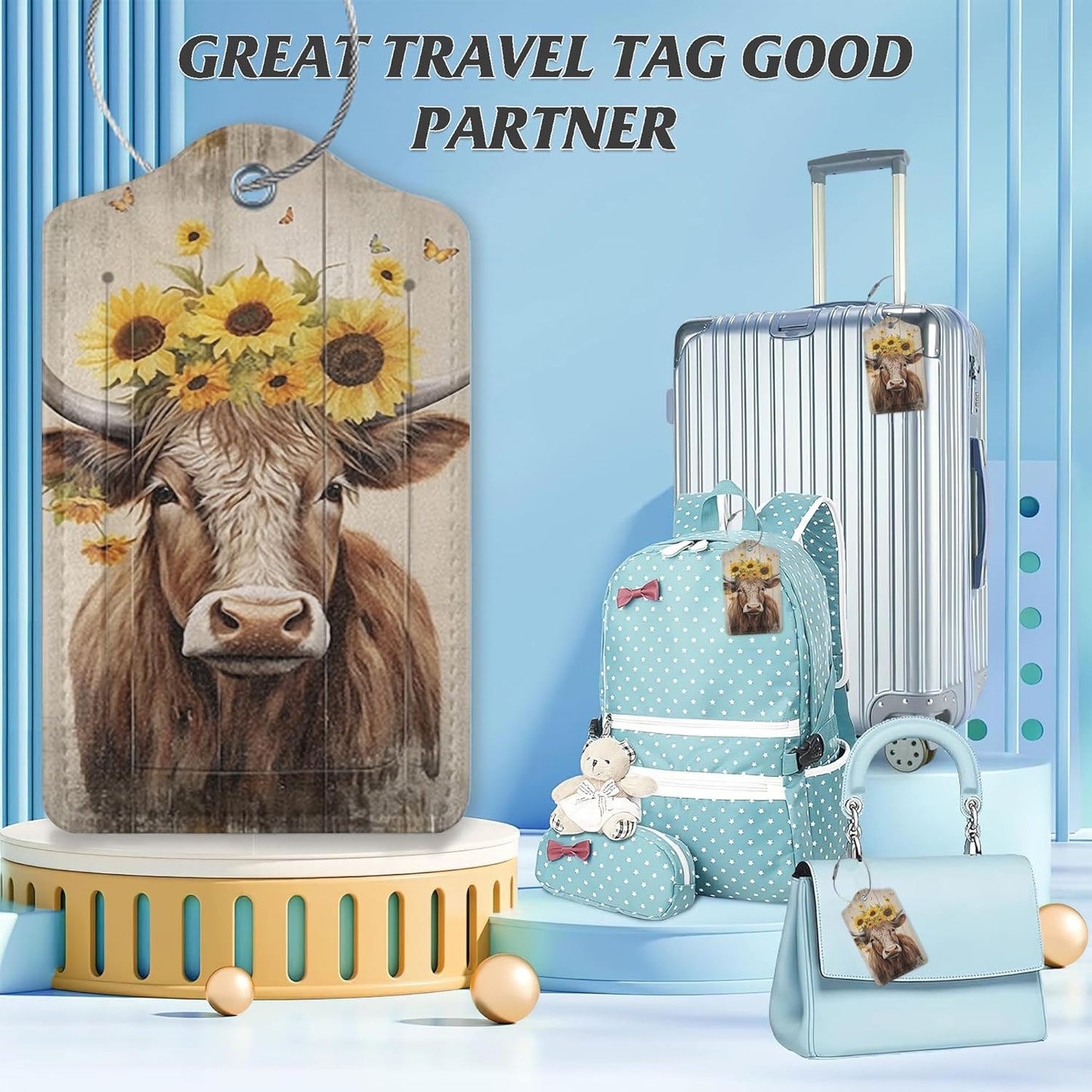 3 Pack Luggage Tag for Suitcase,Highland Cow Leather Luggage Tags with Privacy Cover Name ID Label Identifiers Travel Bag Tags for Women Men Boys Girls