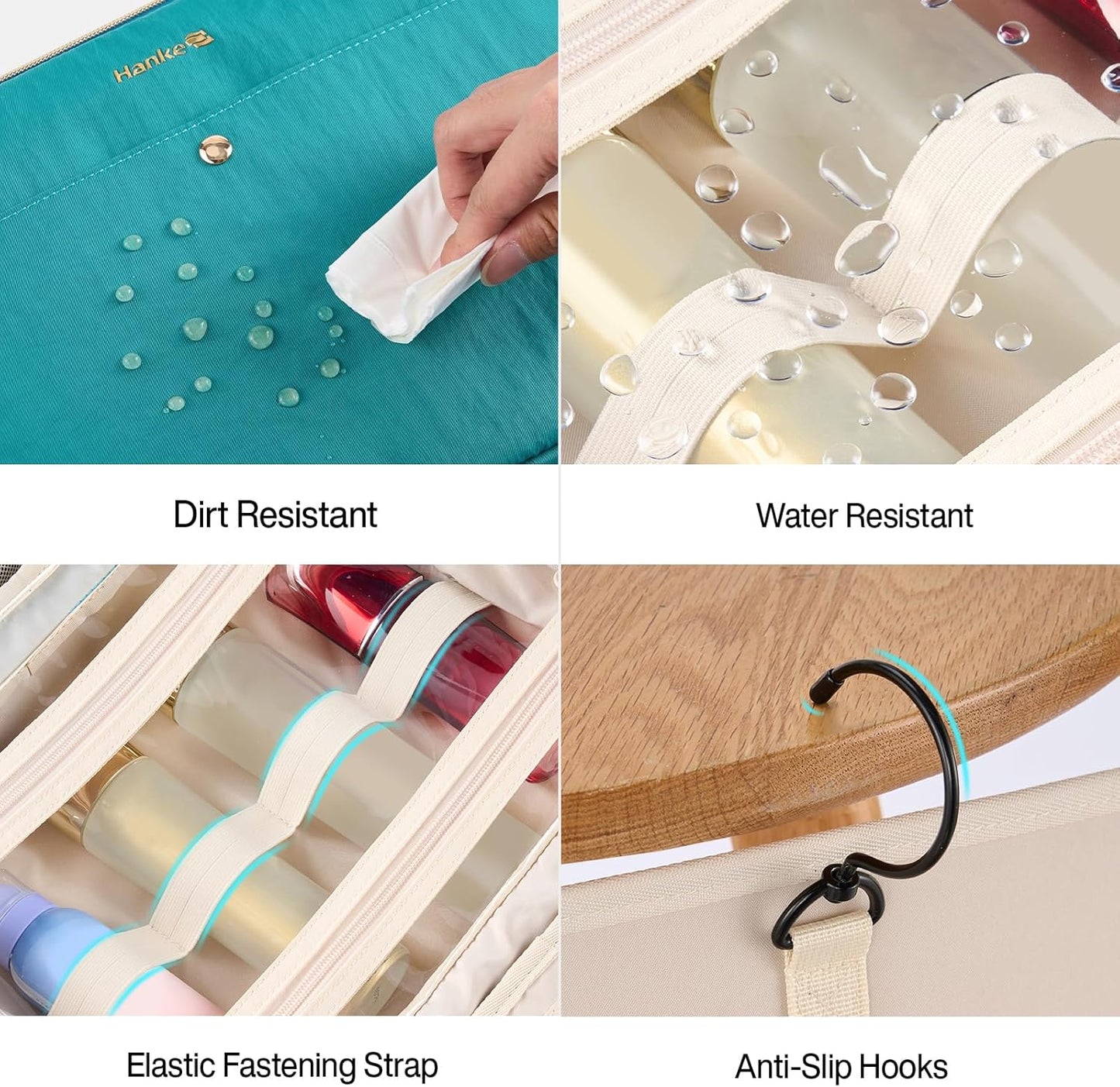 Hanke Hanging Travel Toiletry Bag for Women with Jewelry Organizer Compartment, Travel Essentials Toiletries and Makeup Bag, Water-Resistant & Stain-Resistant with Trolley Strap (Turquoise Green)