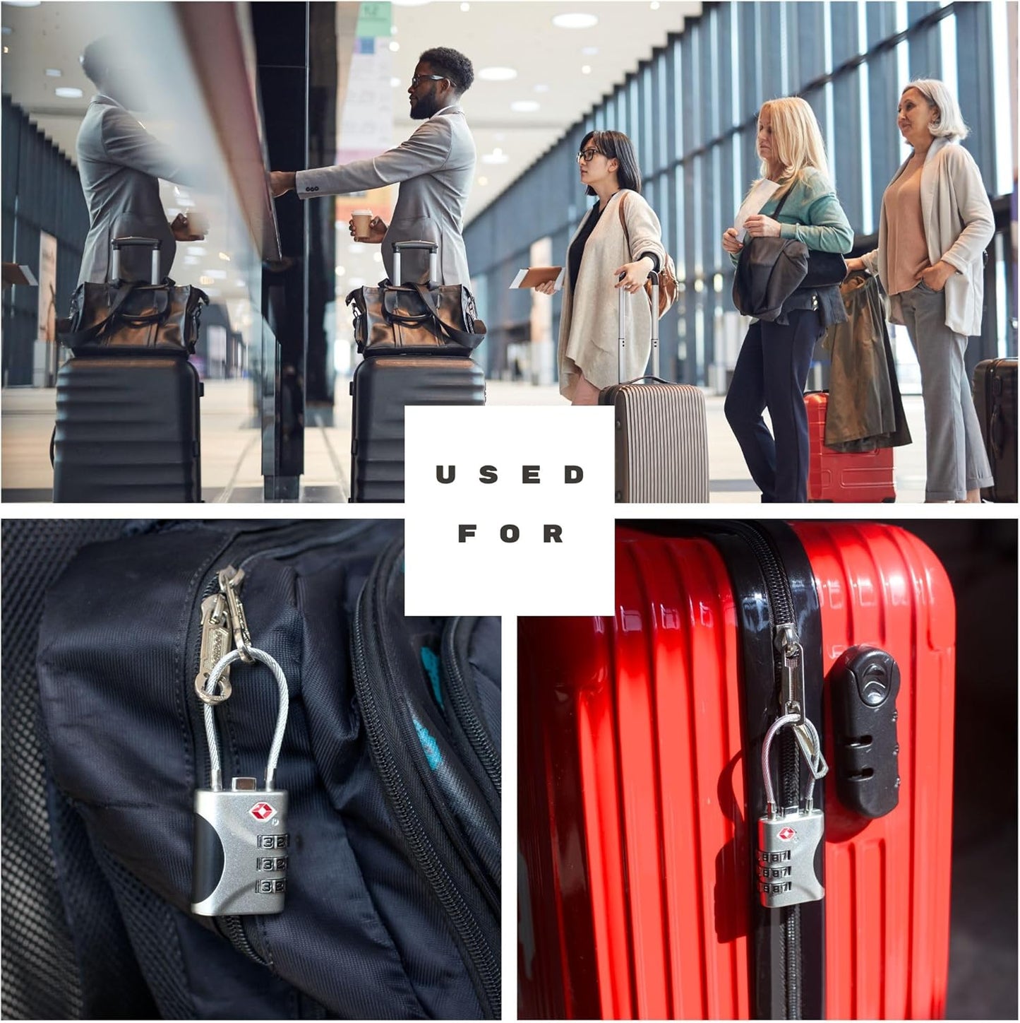 TSA Approved Luggage Locks - Small Combo Travel Padlock with Cable, TSA 007 Suitcase & Backpack Security, Durable & Easy to Use (Black+Black)