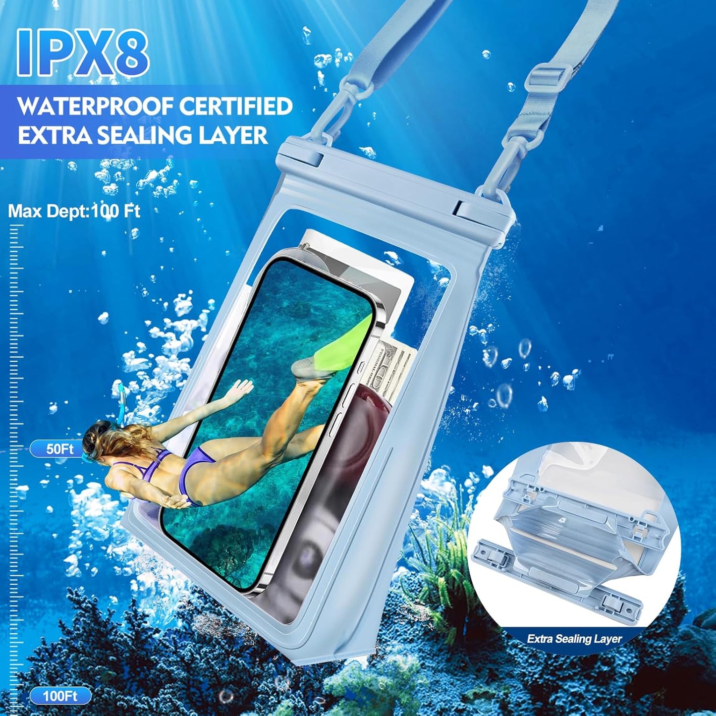 Large Waterproof Phone Pouch Floating, Waterproof Phone Case for iPhone 15 14 Pro Max 13 12 Plus 11 XS XR X Samsung up to 8.5'', IPX8 Water Proof Cell Phone Dry Bag for Beach Swimming Kayaking, Blue