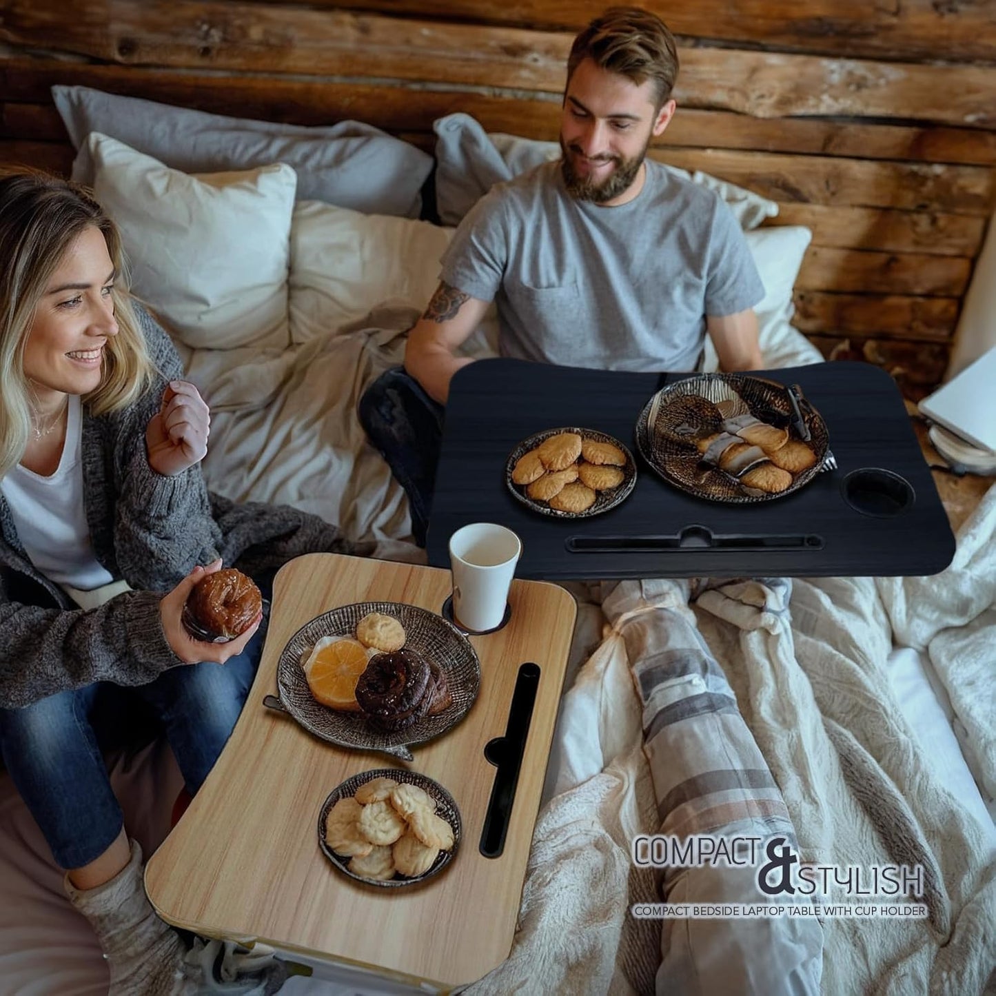 2-Pack Large Lap Desk for Bed & Sofa with Cup Holder & Foldable Legs Laptop Table, Breakfast Serving Tray, Tablet Phone Groove, Foldable Legs