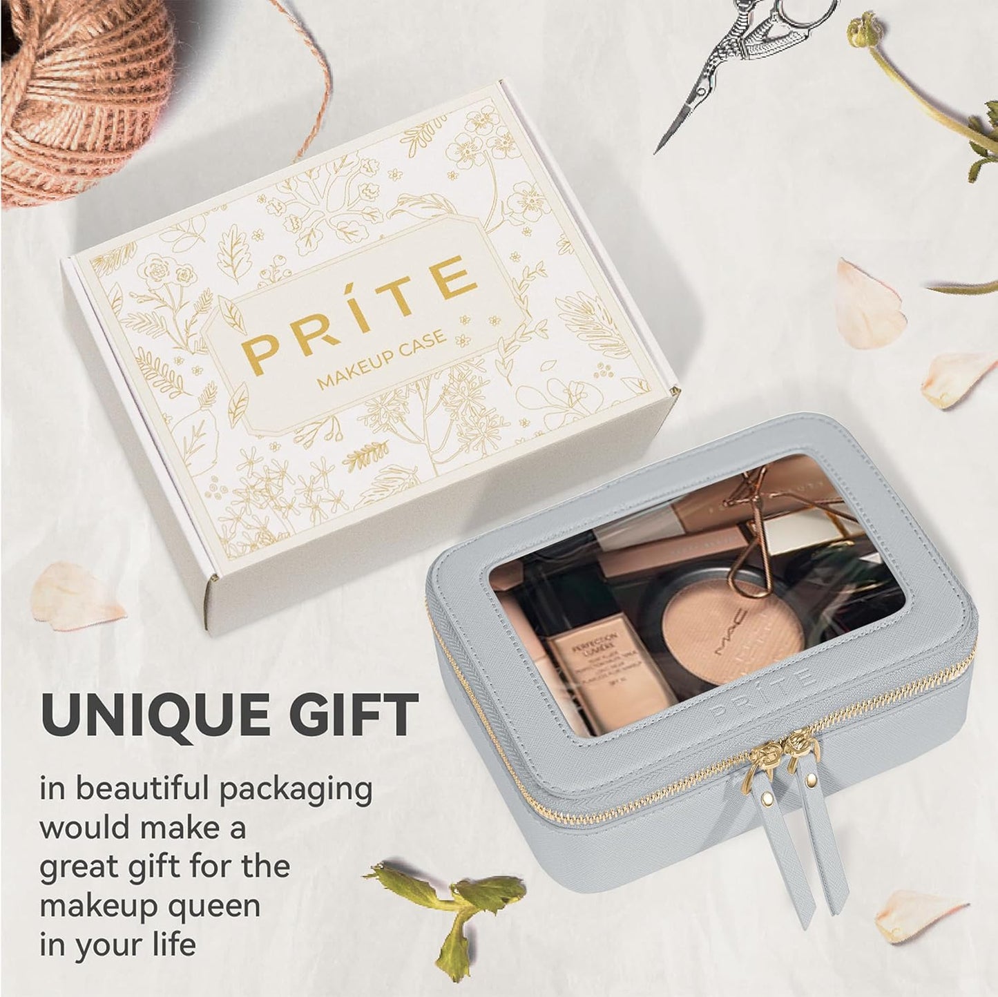 Prite Clear Makeup Bag Cosmetic Organizer Case Waterproof Travel Toiletry Bag Skincare Pouch with Golden Zipper(Grey)