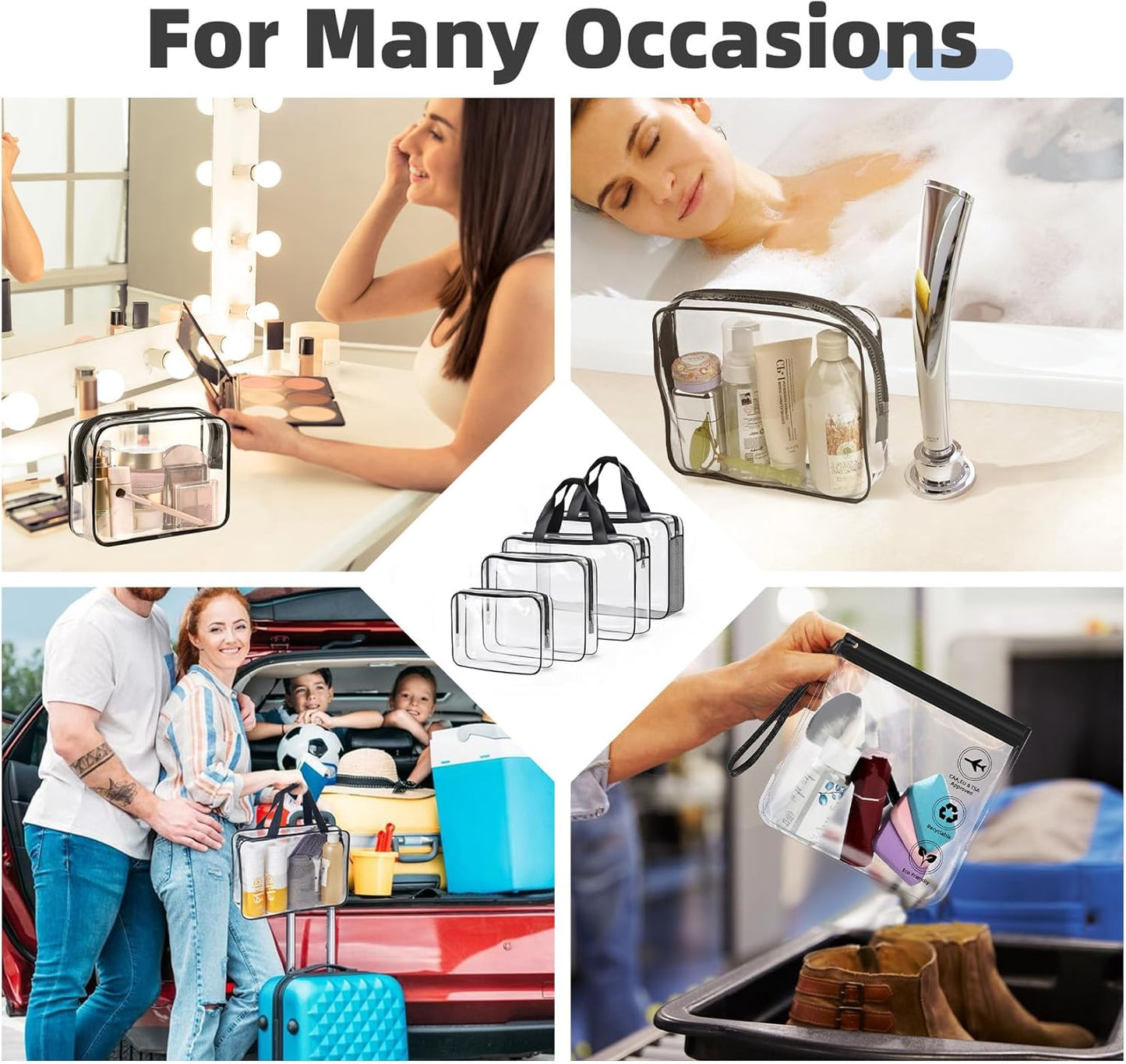 ABSOFINE Clear Toiletry Bag for Travel Size Toiletries, 4 Pack Large Waterproof PVC Makeup Bags with 2 Pack Airport Security Liquids Bags, Travel Essentials toiletry Bottles for Women Girls Men