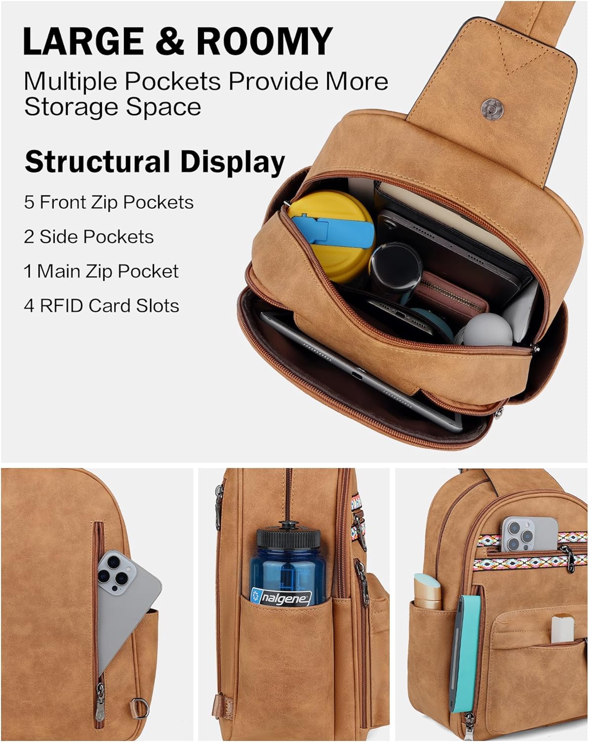 FADEON Large Sling Bag for Women, Leather Crossbody Purse Designer Anti Theft Sling Backpack, RFID Fanny Packs for Travel