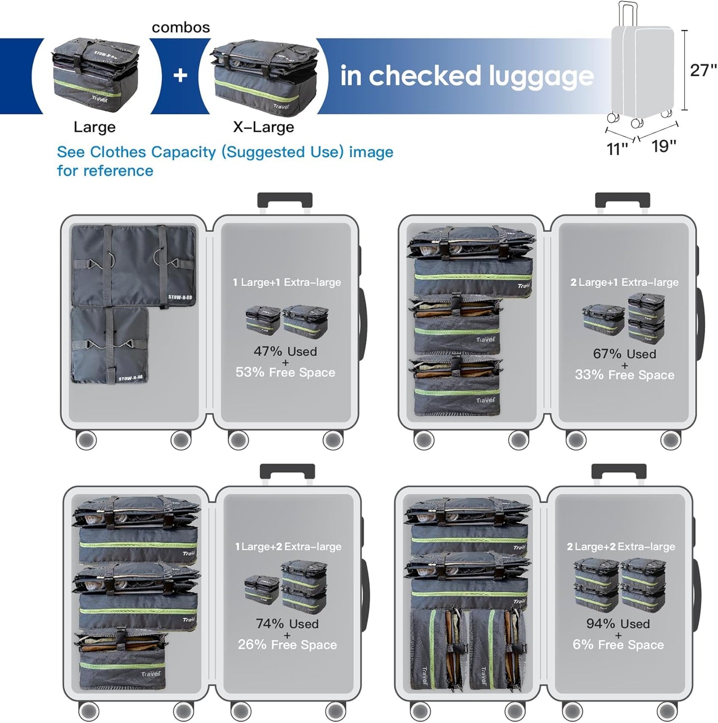 Grand Fusion Stow-N-Go Travel Luggage Organizer – Portable Hanging Travel Shelves, Carry-On Closet Organizer, Hanging Packing Cubes, Collapsible Carry-On Organizer for Cruises & Hotels. Dark Gray - L