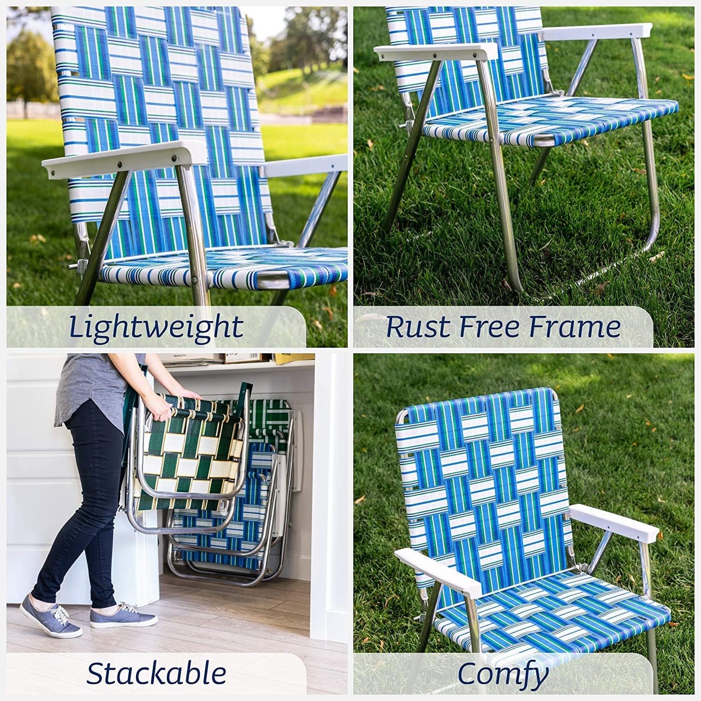 Lawn Chair USA - Outdoor Chairs for Camping. Made with Lightweight Aluminum Frames and UV-Resistant Webbing. Folds for Easy Storage 2- Pack (Black with Black Arms, Magnum)