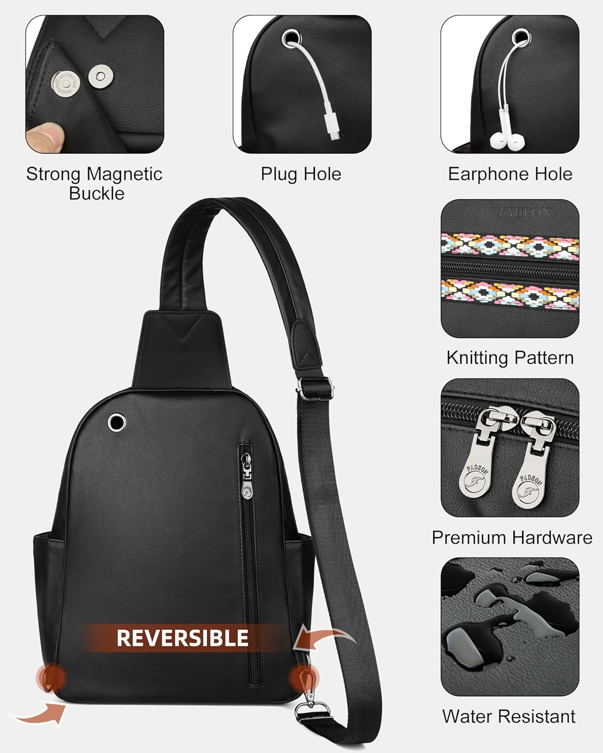 FADEON Large Sling Bag for Women, Leather Crossbody Purse Designer Anti Theft Sling Backpack, RFID Fanny Packs for Travel