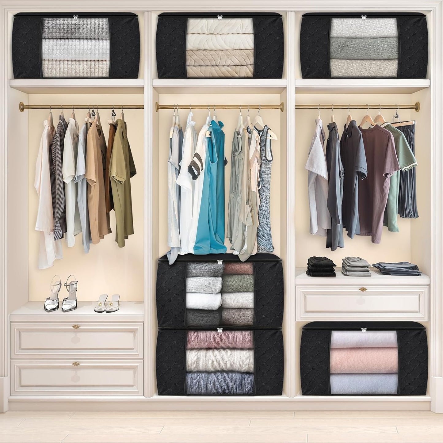 Fab totes 24 Gallons Clothes Storage, Foldable Thick Fabric Blanket Storage Bags, Containers for Organizing Bedroom, Closet, Clothing, Comforter, Organization with Handle (10 Pack,Black)