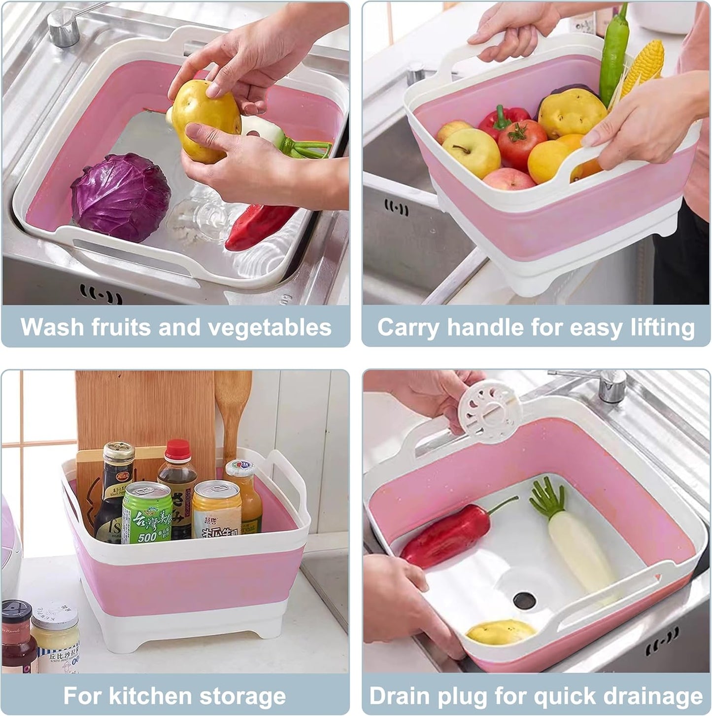 2.4 Gal(9L) Collapsible Dish Basin with Drain Plug - Multiuse Foldable Wash Basin for Baby Bottles, Space-Saving Multiuse Dish Tub, Kitchen Sink for Camping, Dishes Washing, RV (Pink)