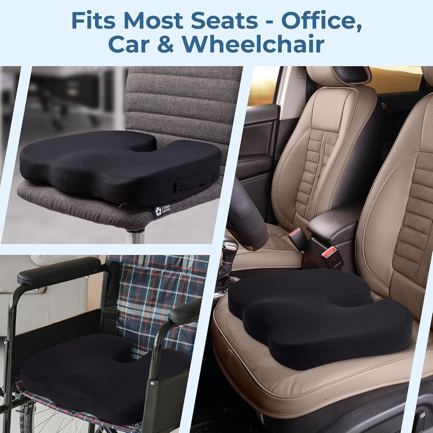 Seat Cushion for Office Chairs - Fits 18"x14" Seats, Tailbone, Coccyx Pain Relief - Butt, Pressure & Sciatica Relief - Gaming, Wheelchair, Car & Desk Pillow, Black