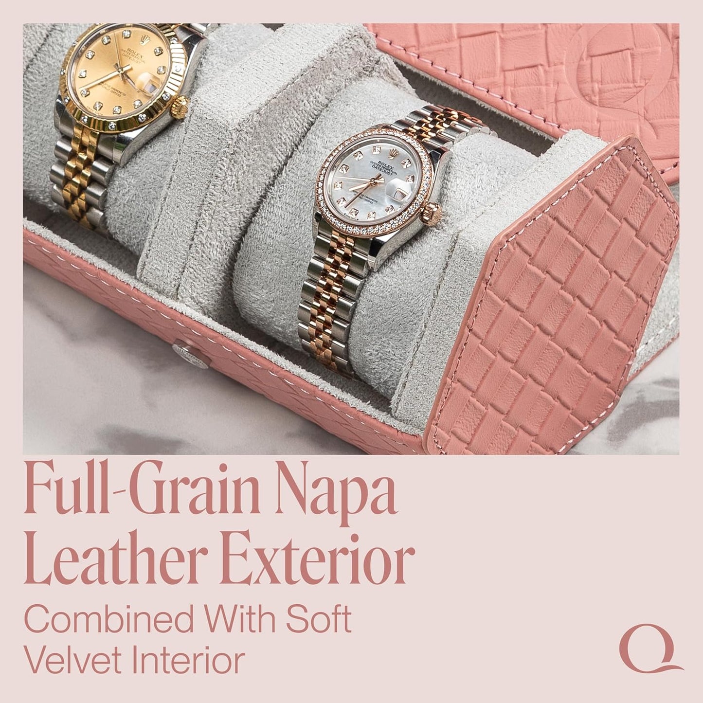 Ladies Leather Watch Rolls for Women - Hexagon Triple Watch Roll Travel Case for 3 Watches - Storage Organizer Genuine Leather with Velvet Interior Display (Woven Pink/Gray)