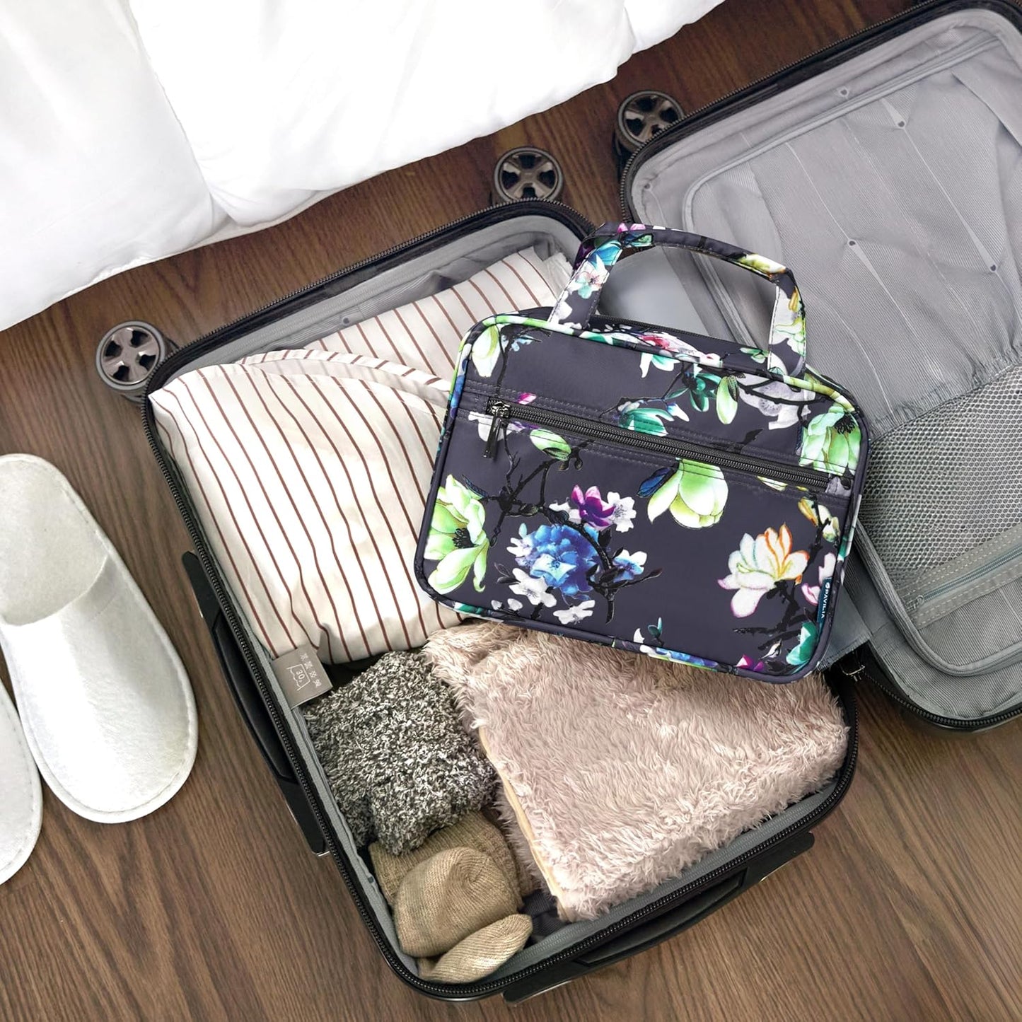 PAVILIA Hanging Toiletry Bag Travel Bag Women Men, Foldable Cosmetic Organizer, Roll up Makeup Bag, Water Resistant Accessories Toiletries, Large Travel Essentials Kit (Grey Floral)