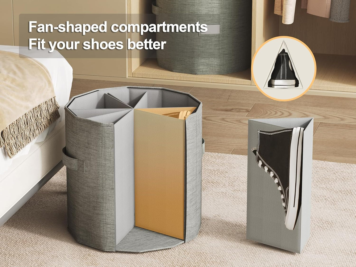 Vailando Shoe Organizer for Closet - Cylindrical Shoe Storage Organizer with Adjustable Dividers for Closet, Foldable Shoe Storage Box, Gray, 2-Pack, Large