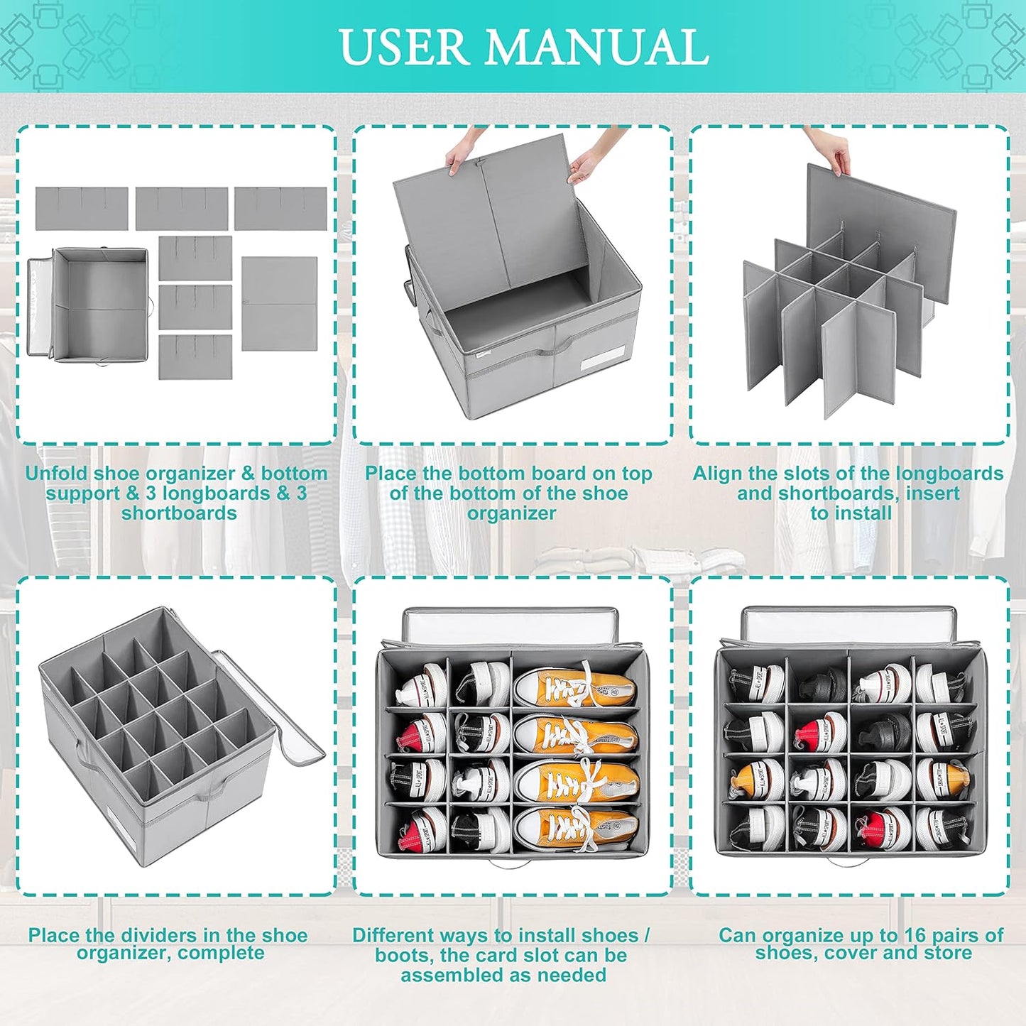 LUVHOMEE Shoe Organizer for Closet, Fits 16 Pairs, Large Shoe Box Storage Containers, Clear Foldable Shoe Storage Bins w/Bottom Support, Space Saving Shoes Holder w/Reinforced Handles, Gray