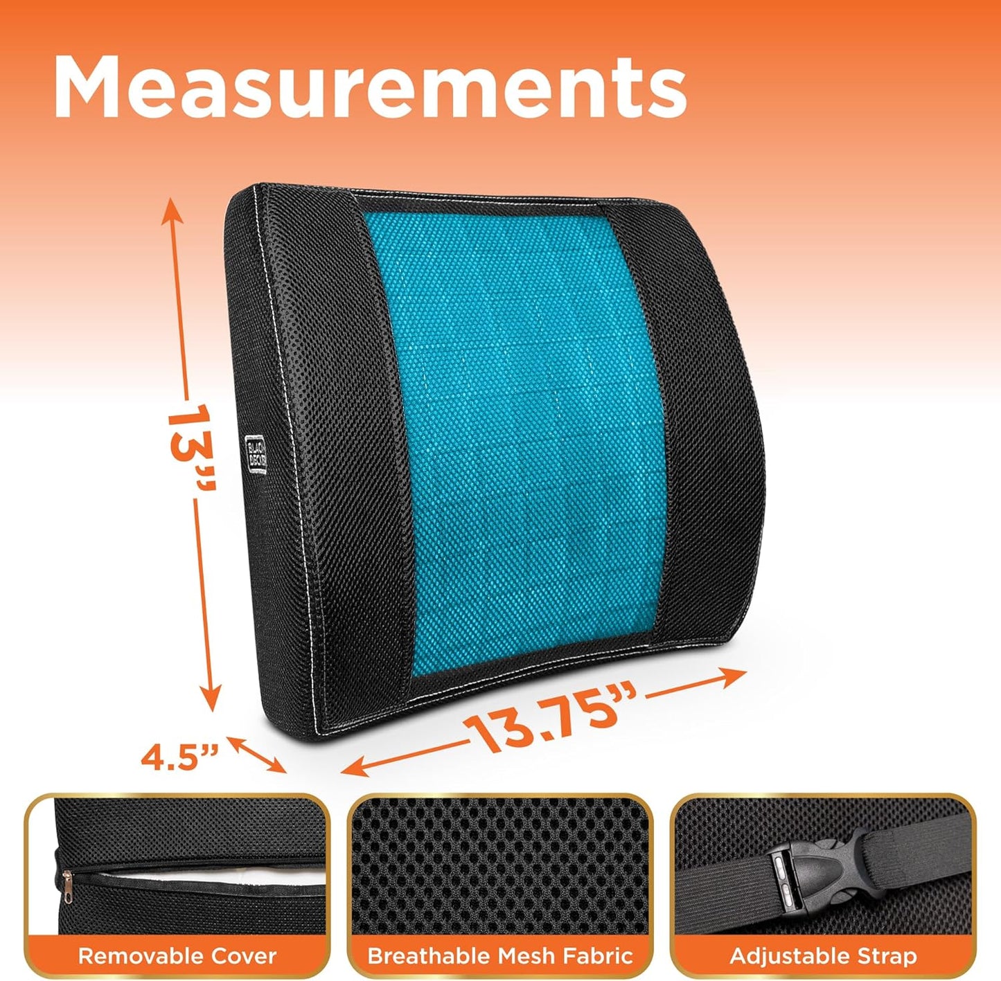 BLACK+DECKER Cooling Gel Lumbar Memory Foam Cushion – Ergonomic Back Support Travel Pillow with Ventilated Mesh, Adjustable Strap, Slow Rebound Memory Foam, Washable Cover